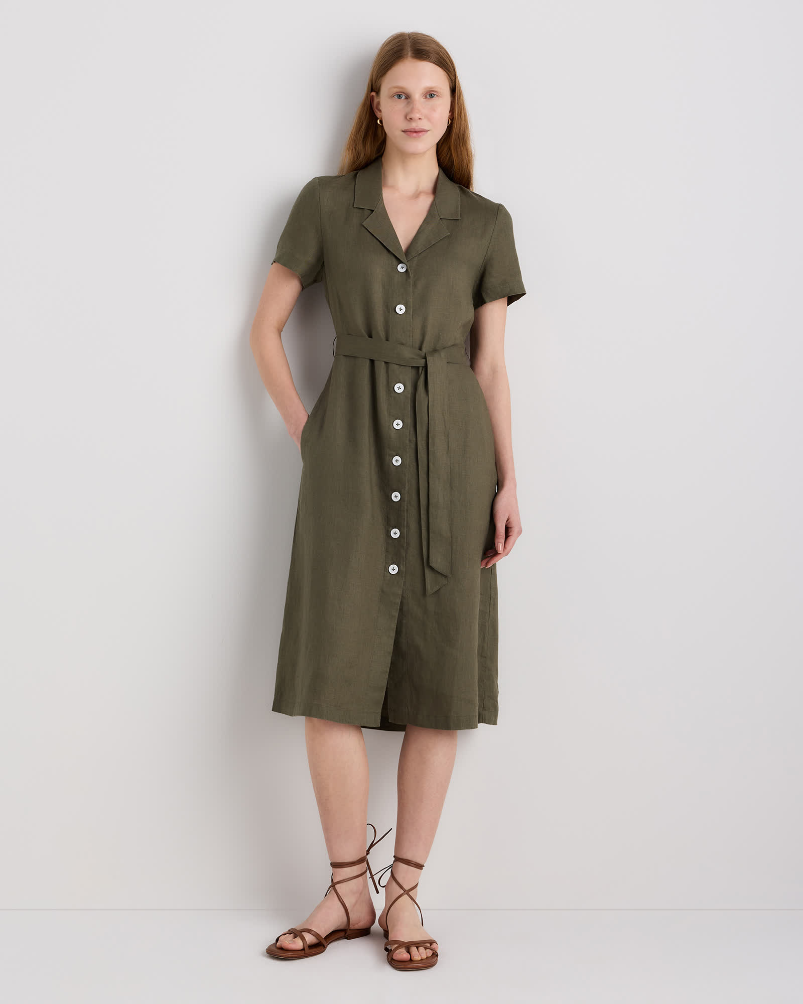 The European Linen Chambray Dress in Bayberry Olive