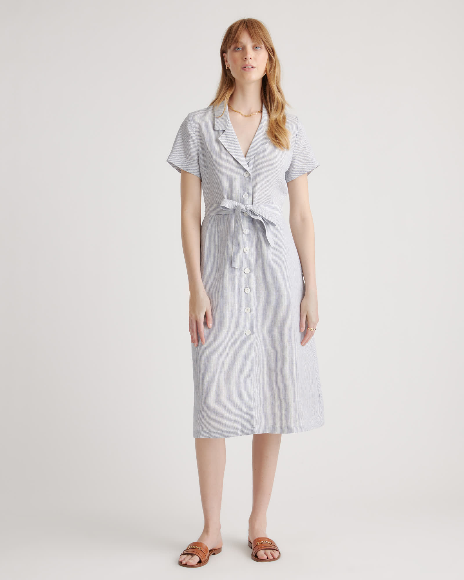 The European Linen Chambray Dress in Blue Pinstripe