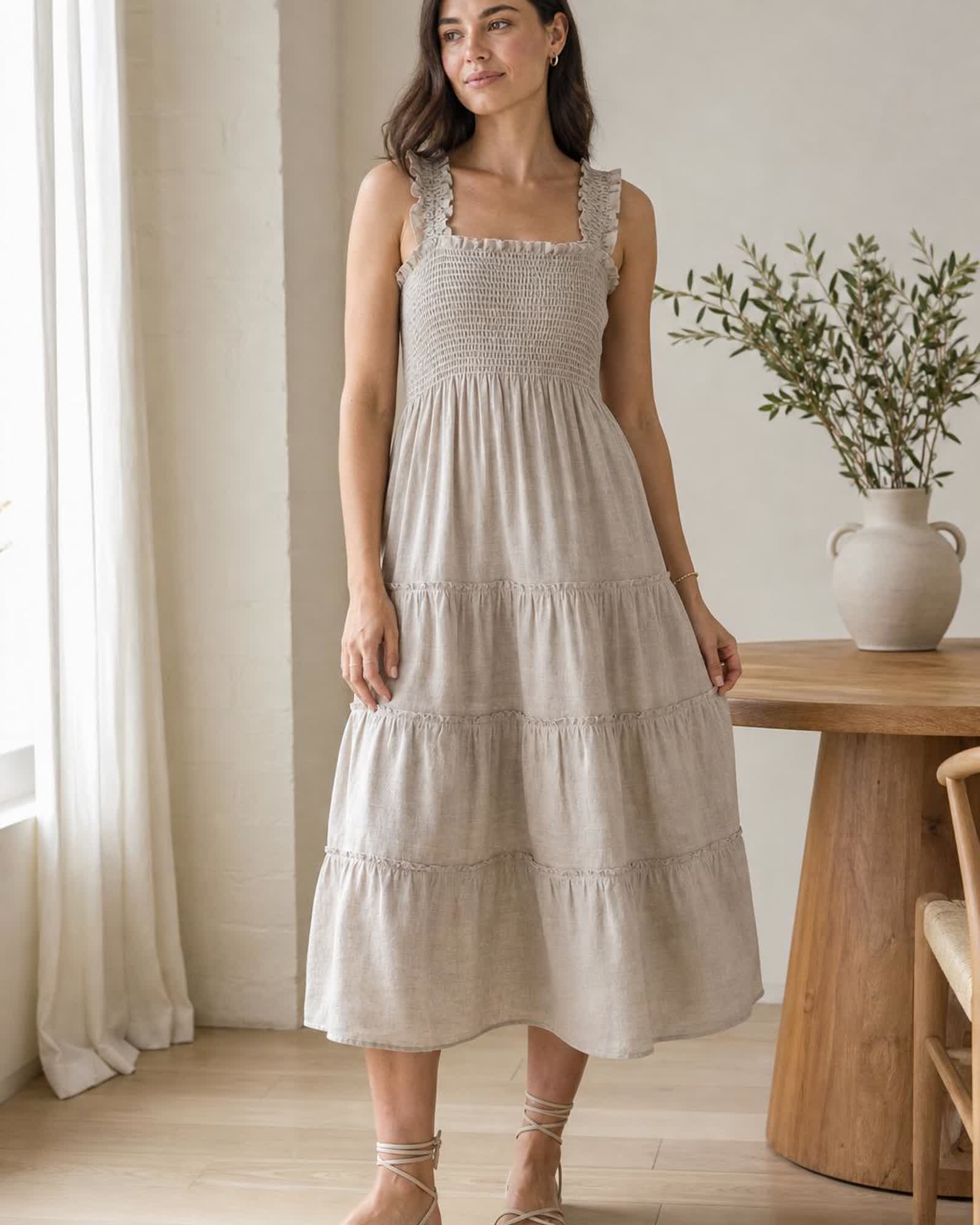 The European Linen Chambray Midi Dress in Flax