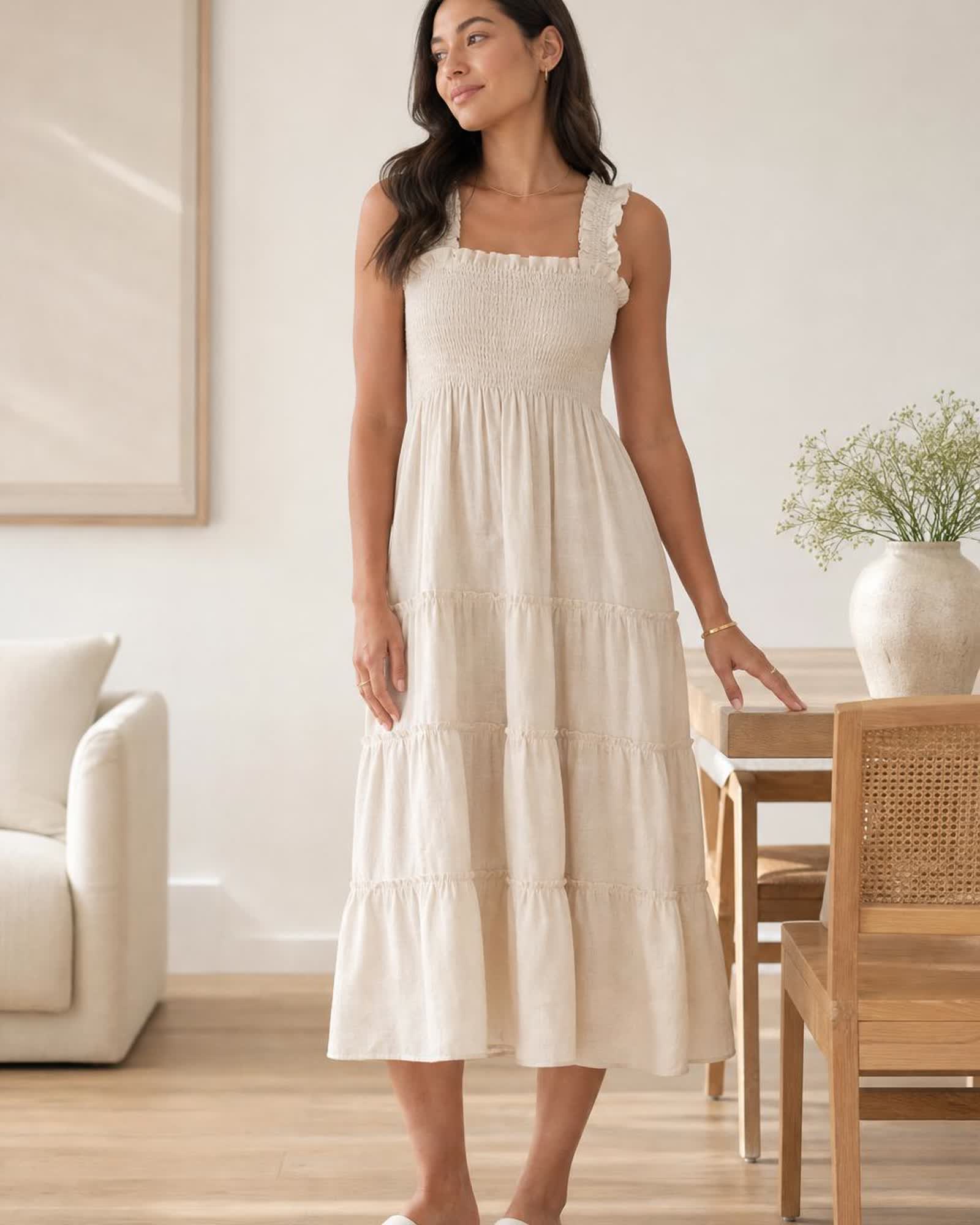 The European Linen Chambray Midi Dress in Sand