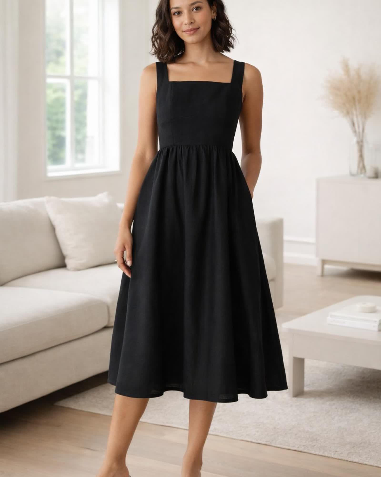 The European Linen Fit & Flare Midi Dress in Black