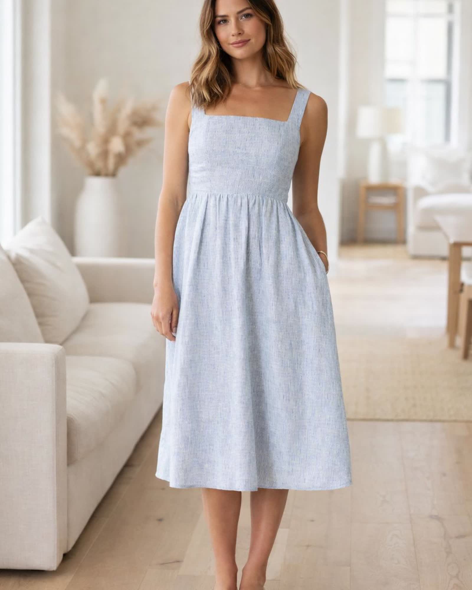 The European Linen Fit & Flare Midi Dress in Blue Pinstripe