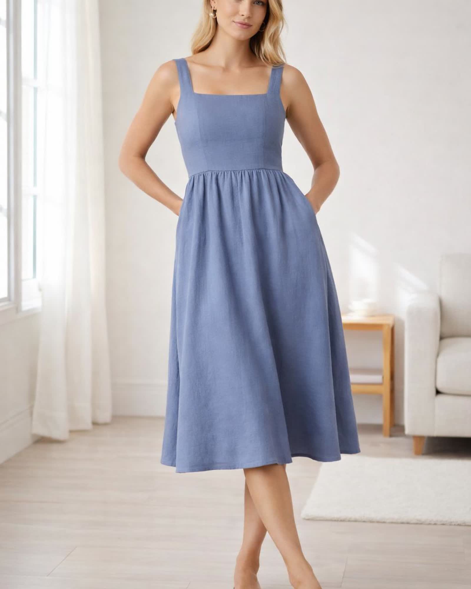 The European Linen Fit & Flare Midi Dress in Moonstone Blue