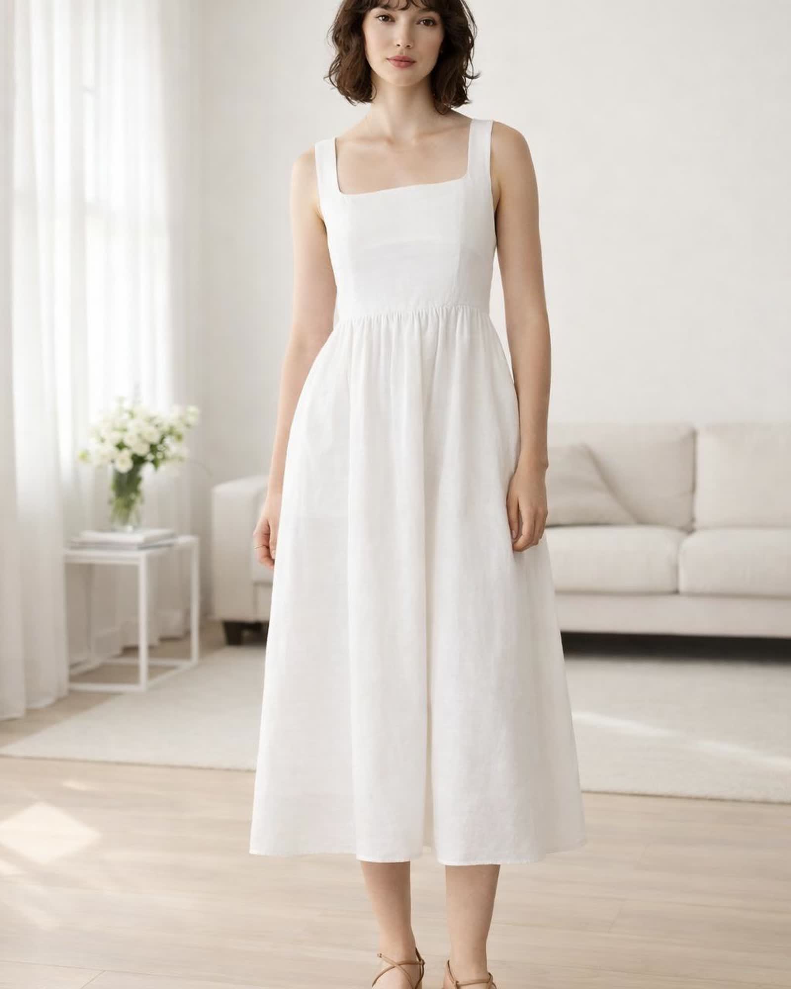 The European Linen Fit & Flare Midi Dress in White