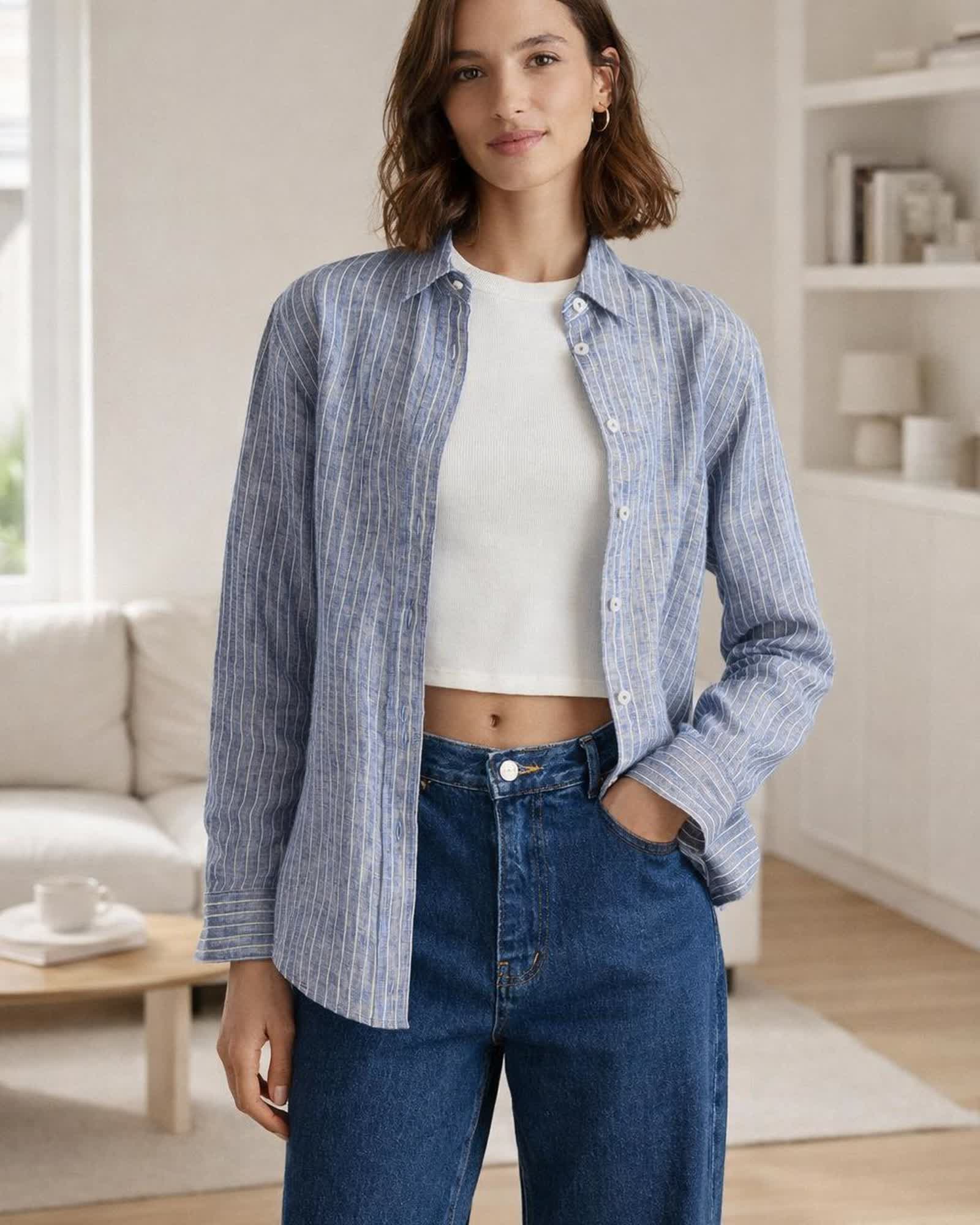 The European Linen Long Sleeve Shirt in Chambray Stripe