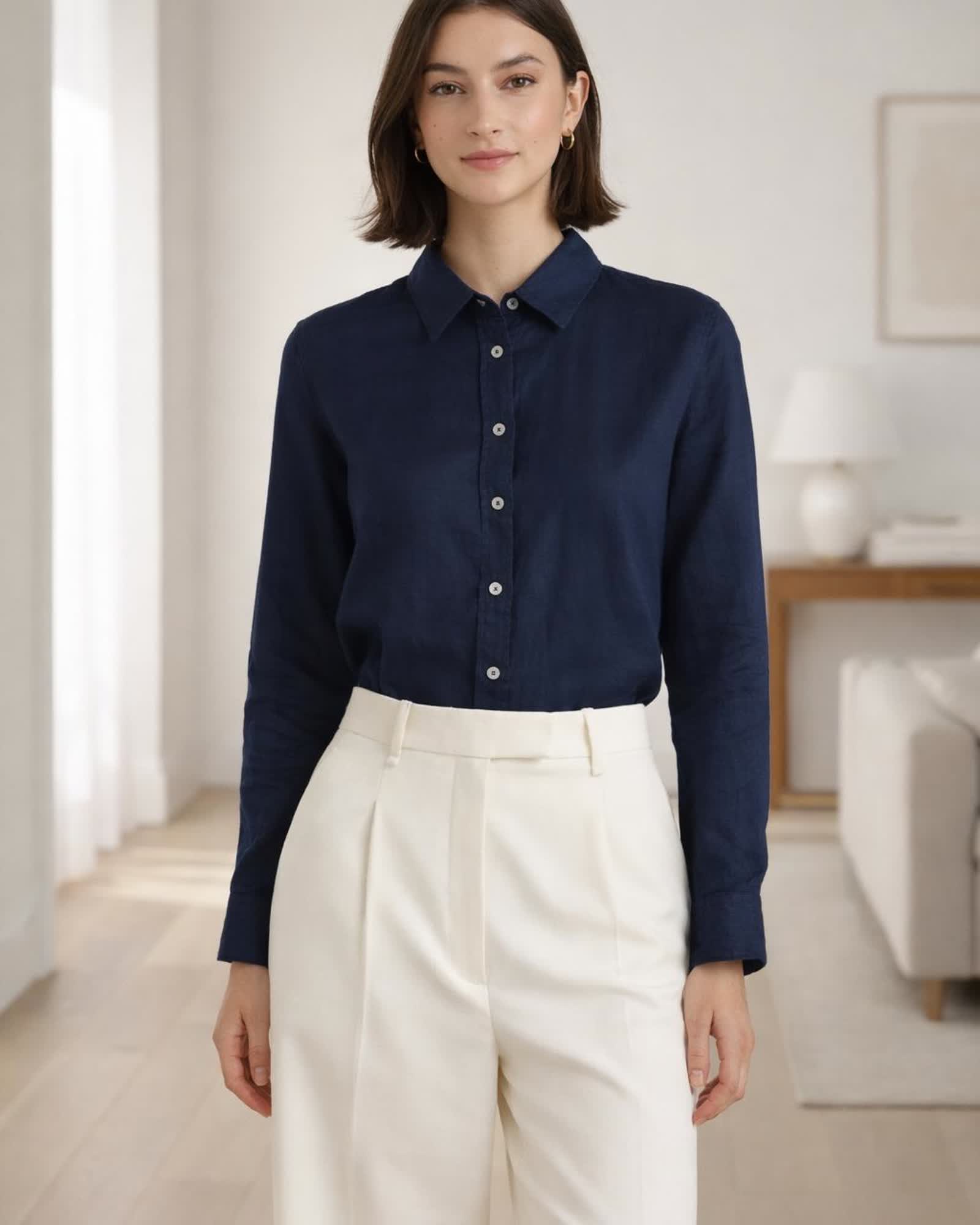 The European Linen Long Sleeve Shirt in Deep Navy