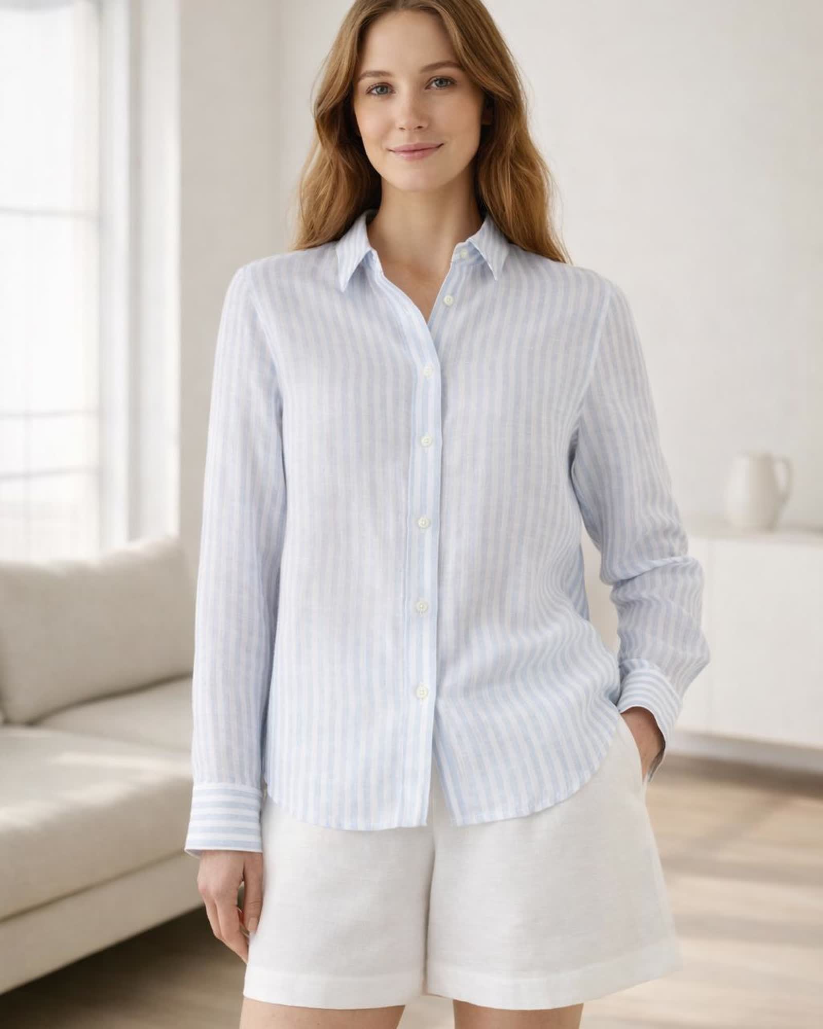 The European Linen Long Sleeve Shirt in Sky Blue Mariner Stripe