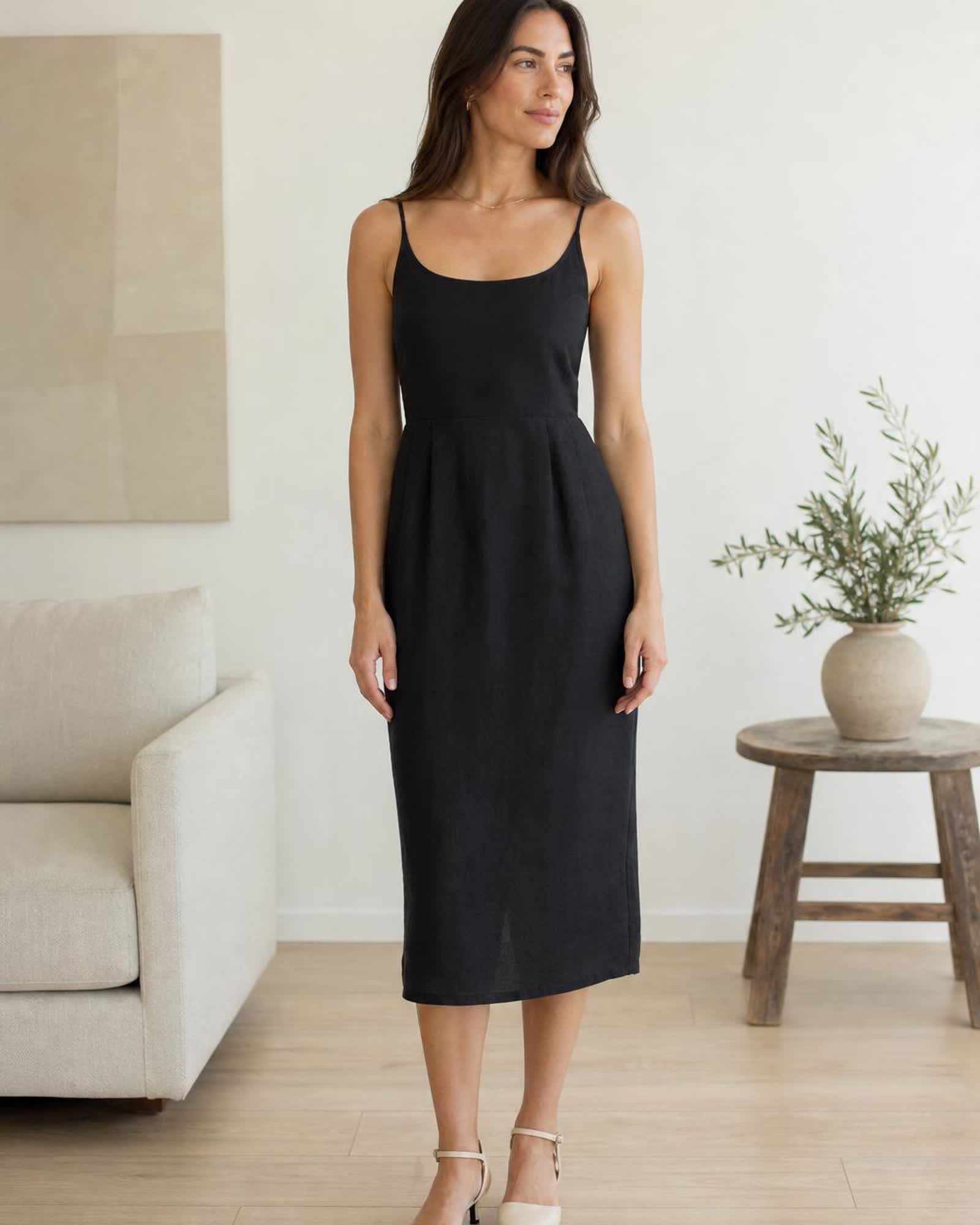 The European Linen Midi Dress in Black