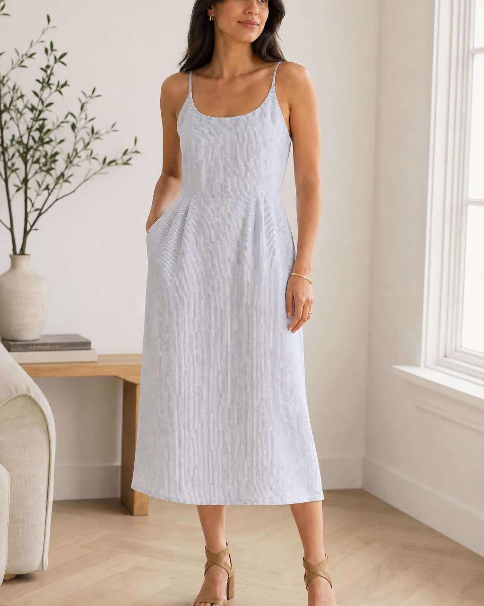 The European Linen Midi Dress in Blue Pinstripe