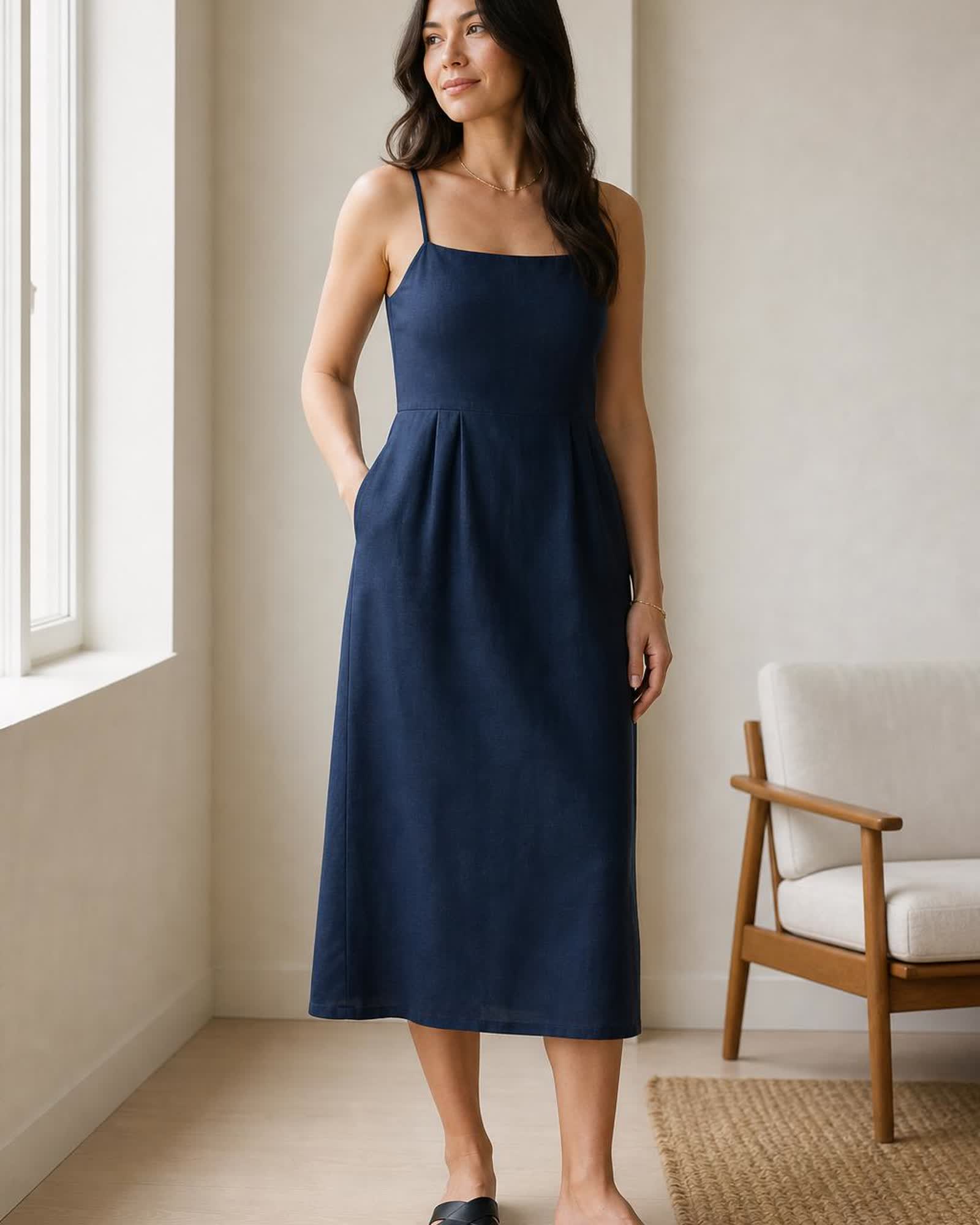 The European Linen Midi Dress in Deep Navy