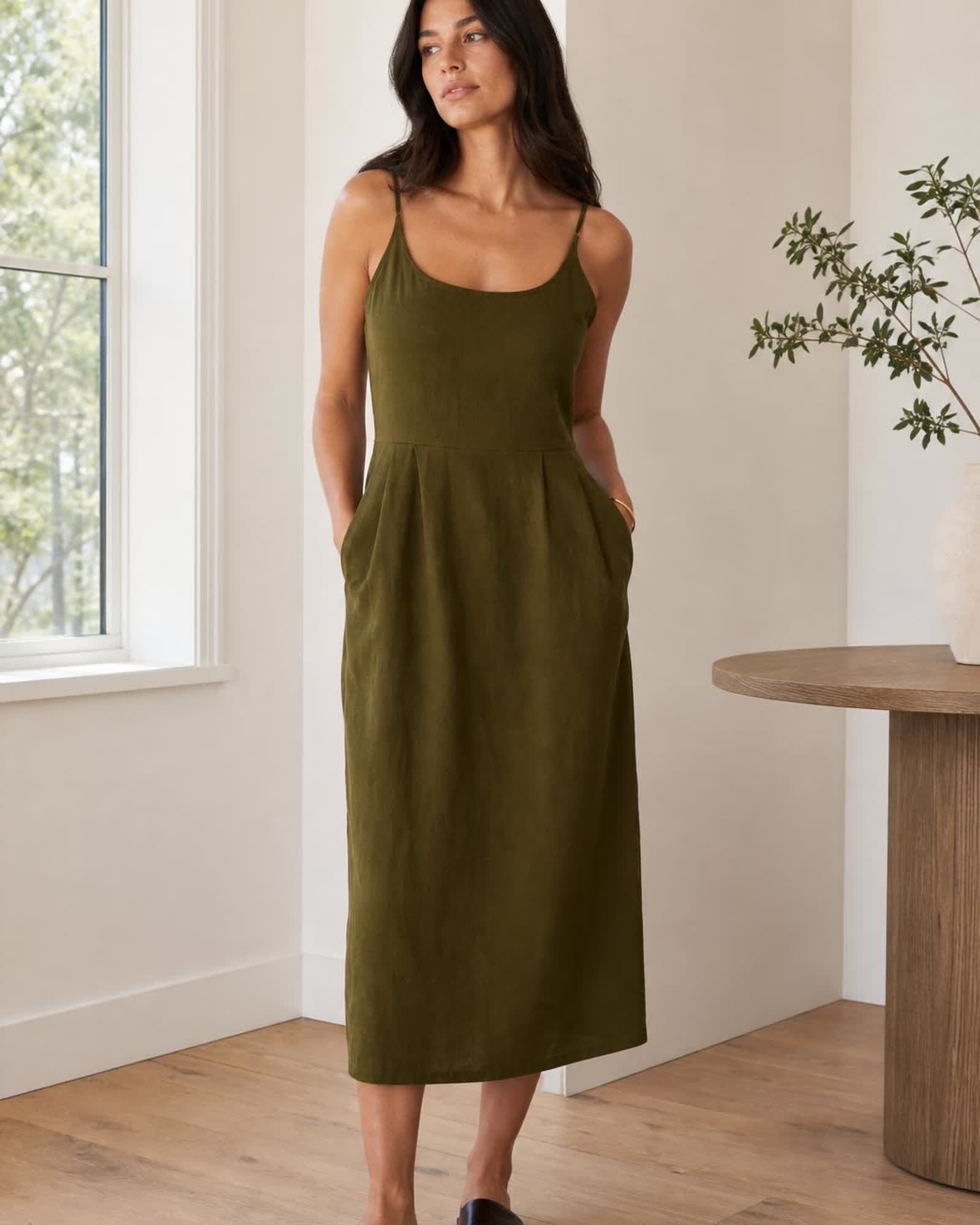 The European Linen Midi Dress in Martini Olive