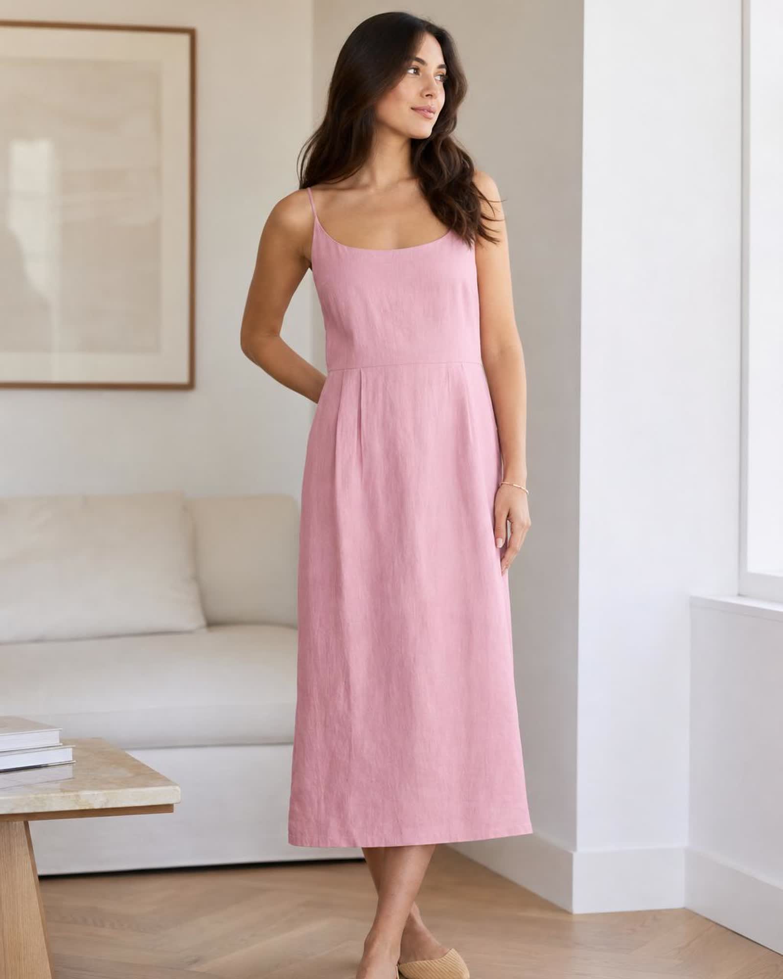 The European Linen Midi Dress in Mauve Mist