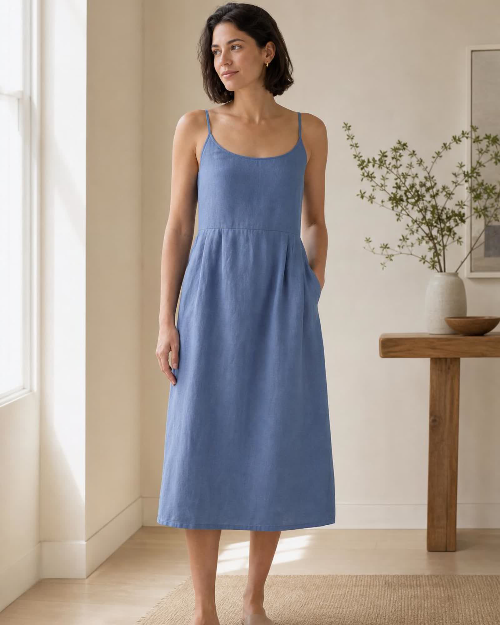 The European Linen Midi Dress in Moonstone Blue