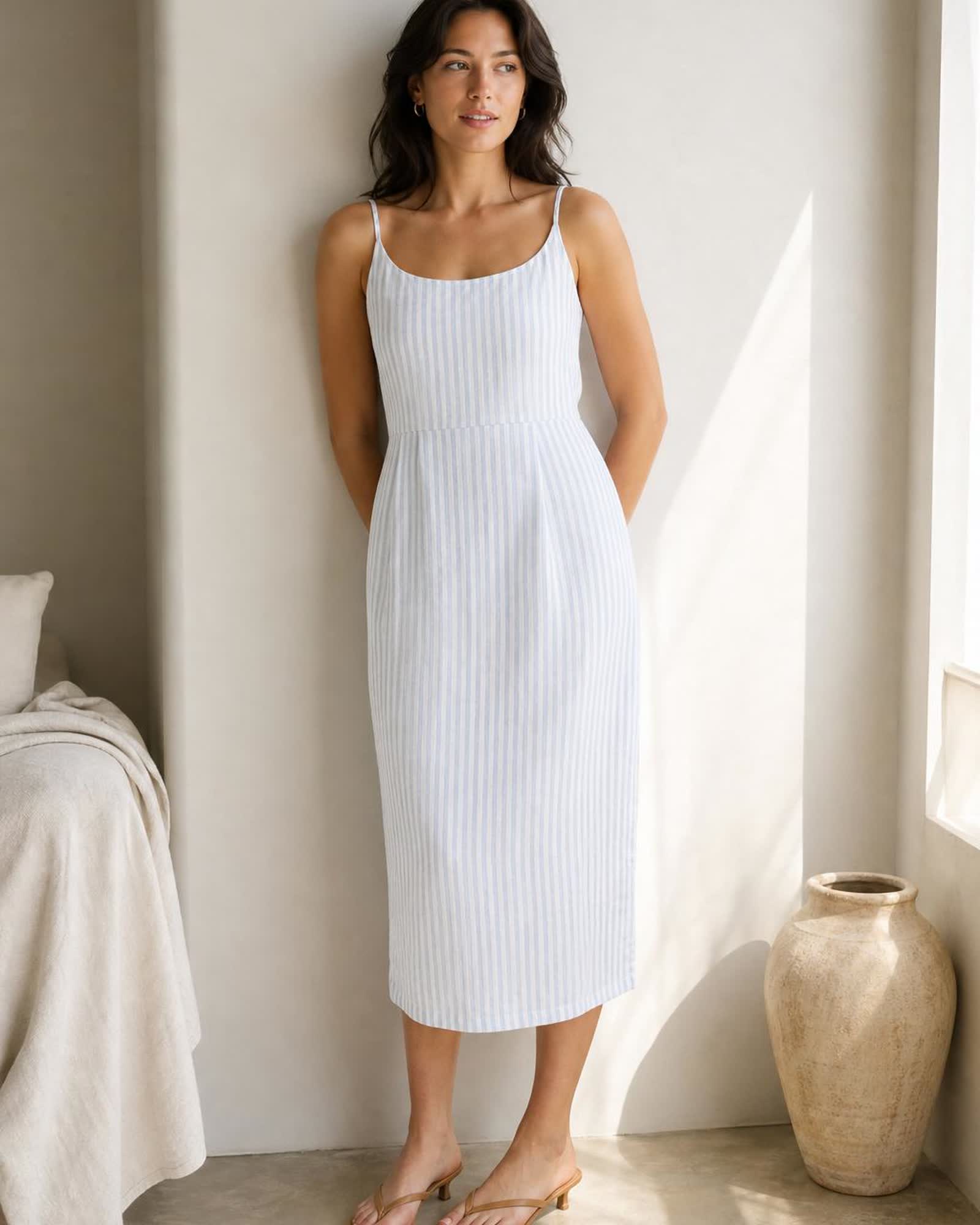 The European Linen Midi Dress in Sky Blue Mariner Stripe
