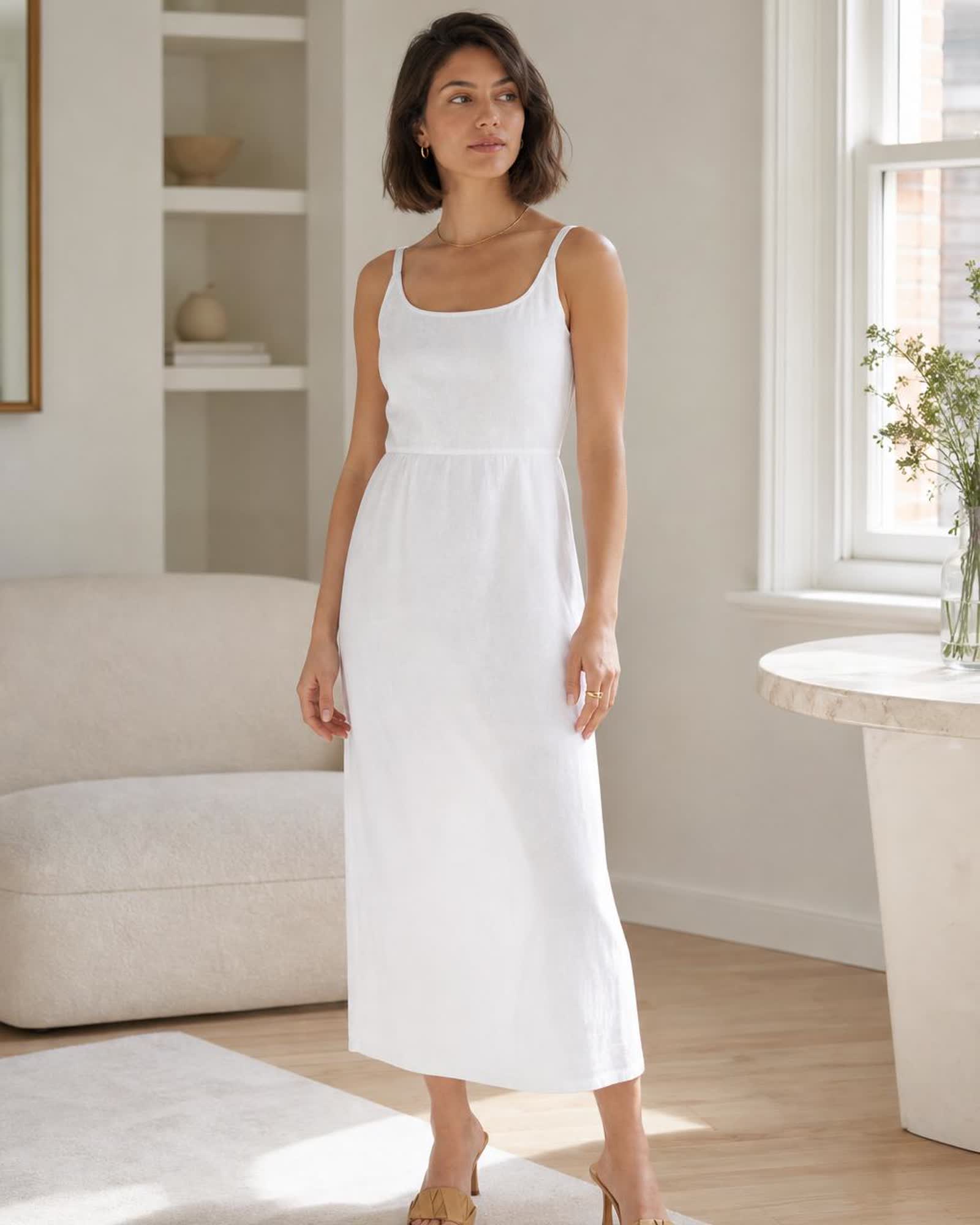 The European Linen Midi Dress in White