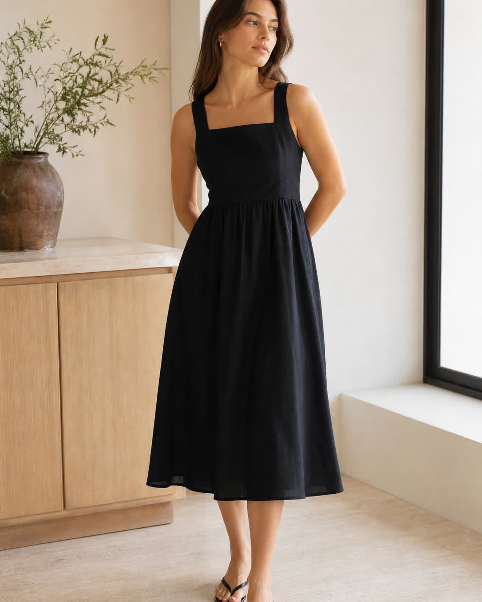 The European Linen Midi Dress in Black