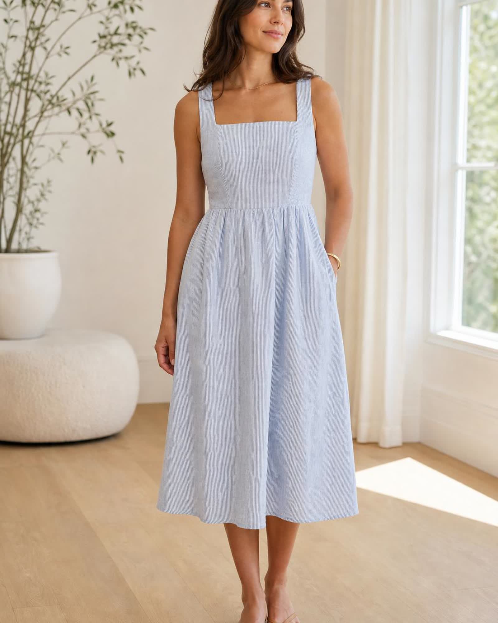 The European Linen Midi Dress in Blue Pinstripe