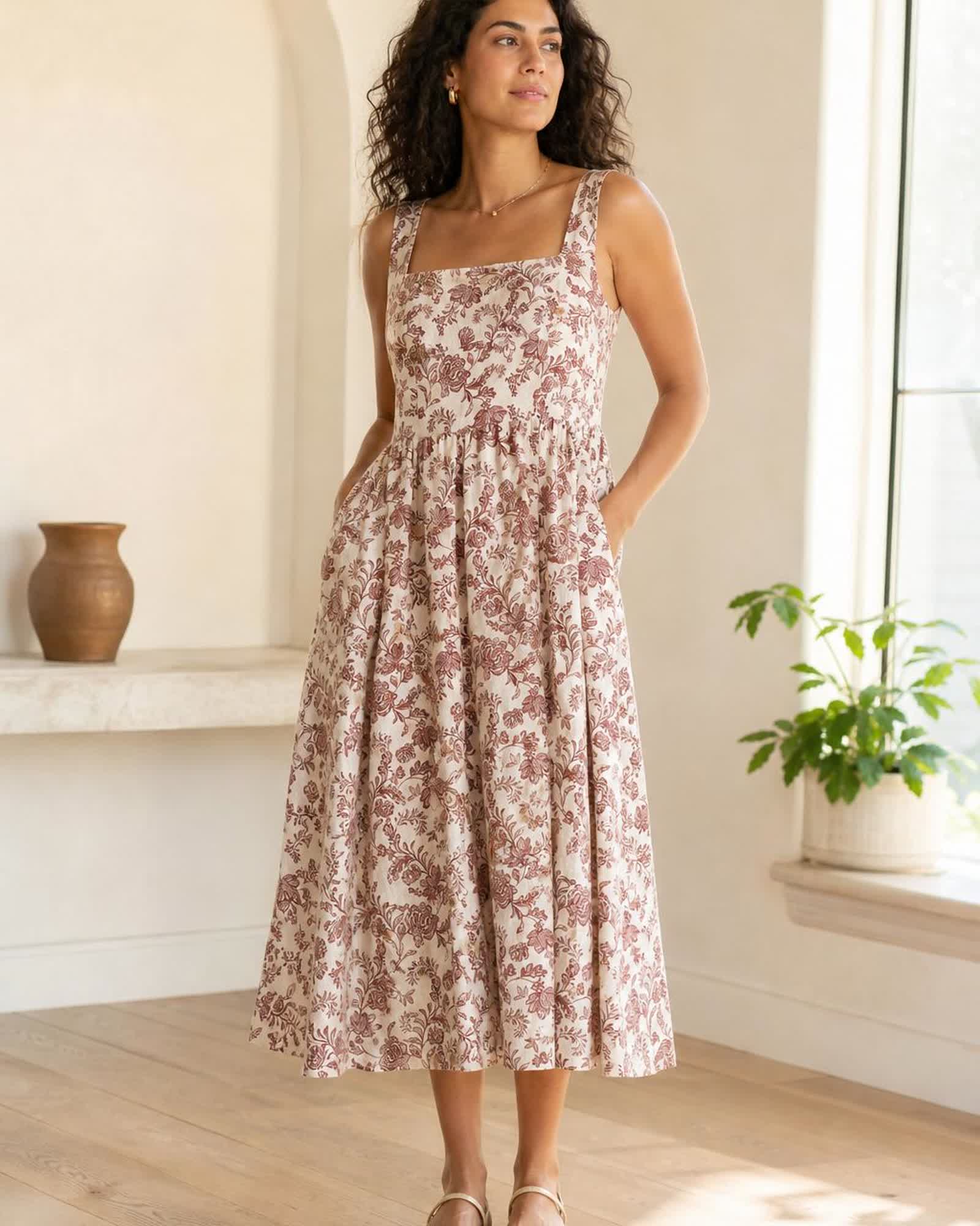 The European Linen Midi Dress in Brick Red Heirloom Floral
