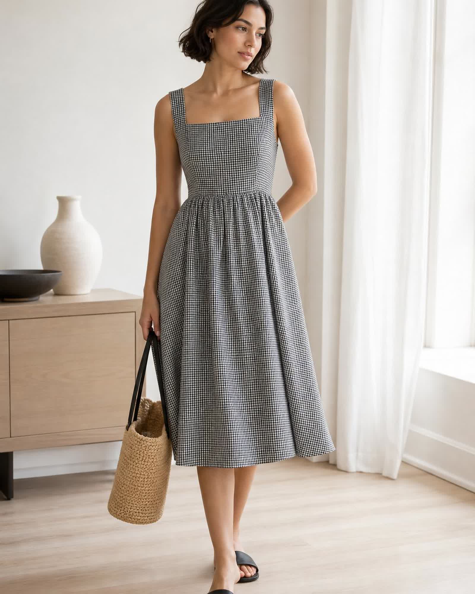 The European Linen Midi Dress in Classic Mini Gingham