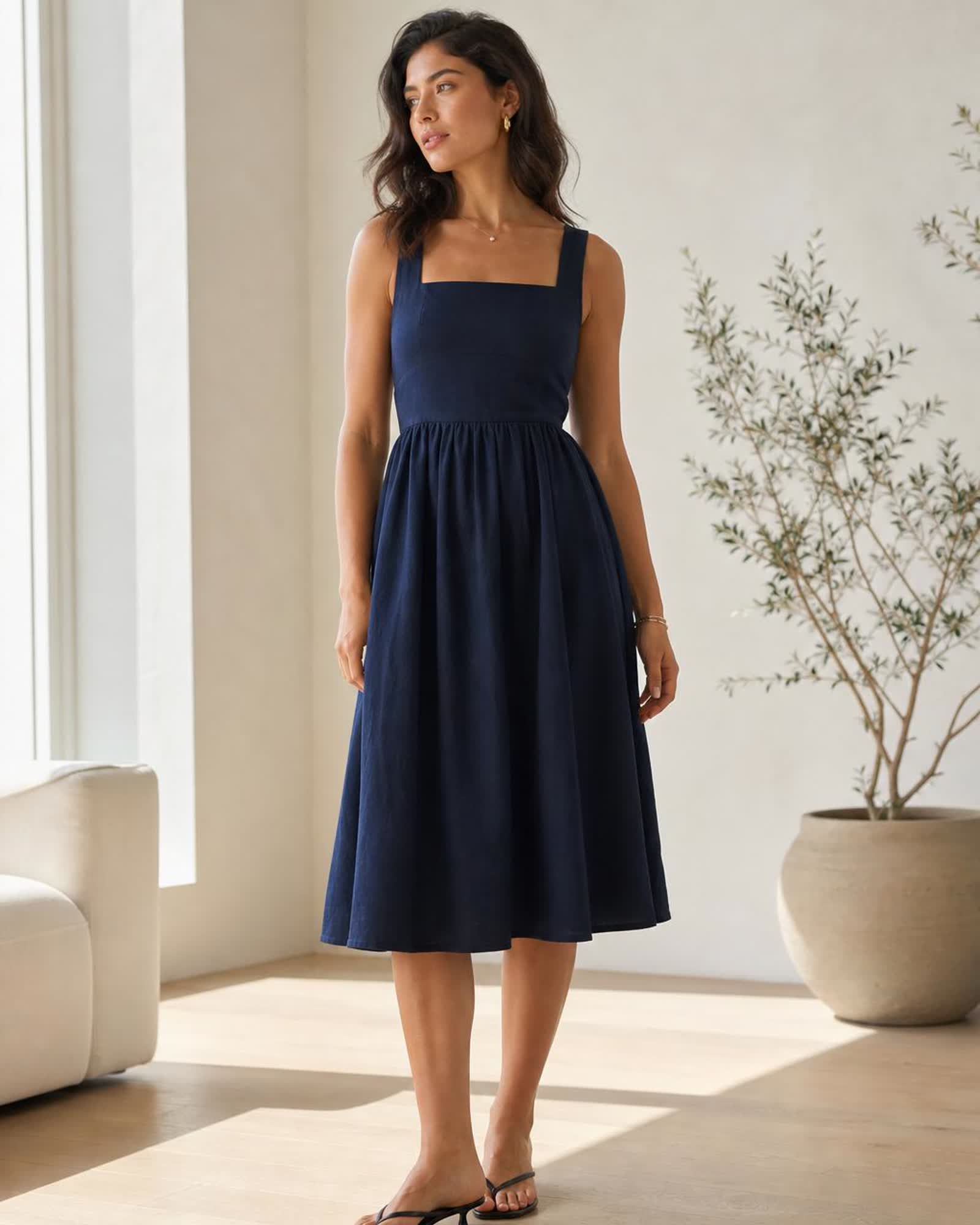 The European Linen Midi Dress in Deep Navy