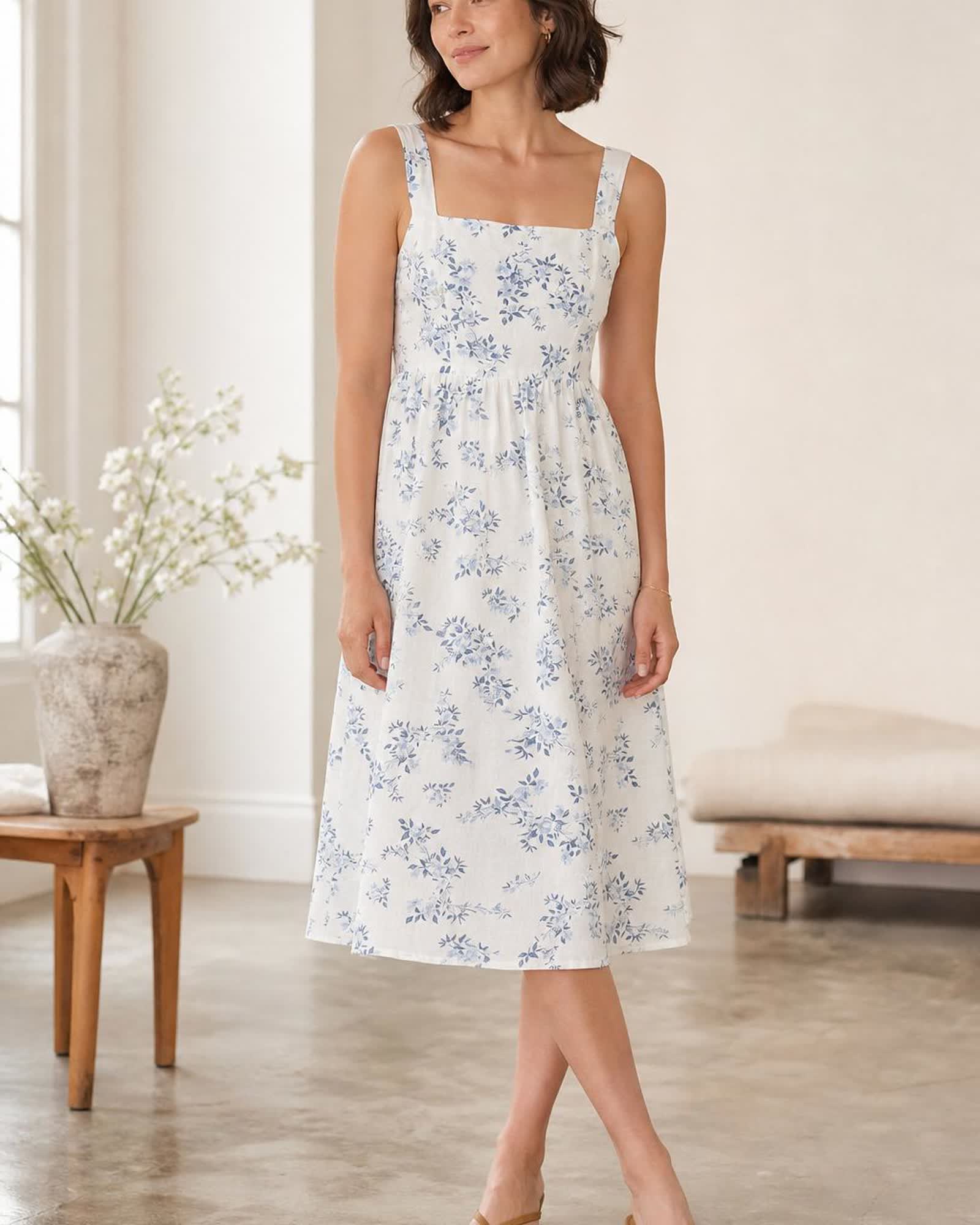 The European Linen Midi Dress in Ivory Porcelain Blue Petite Floral