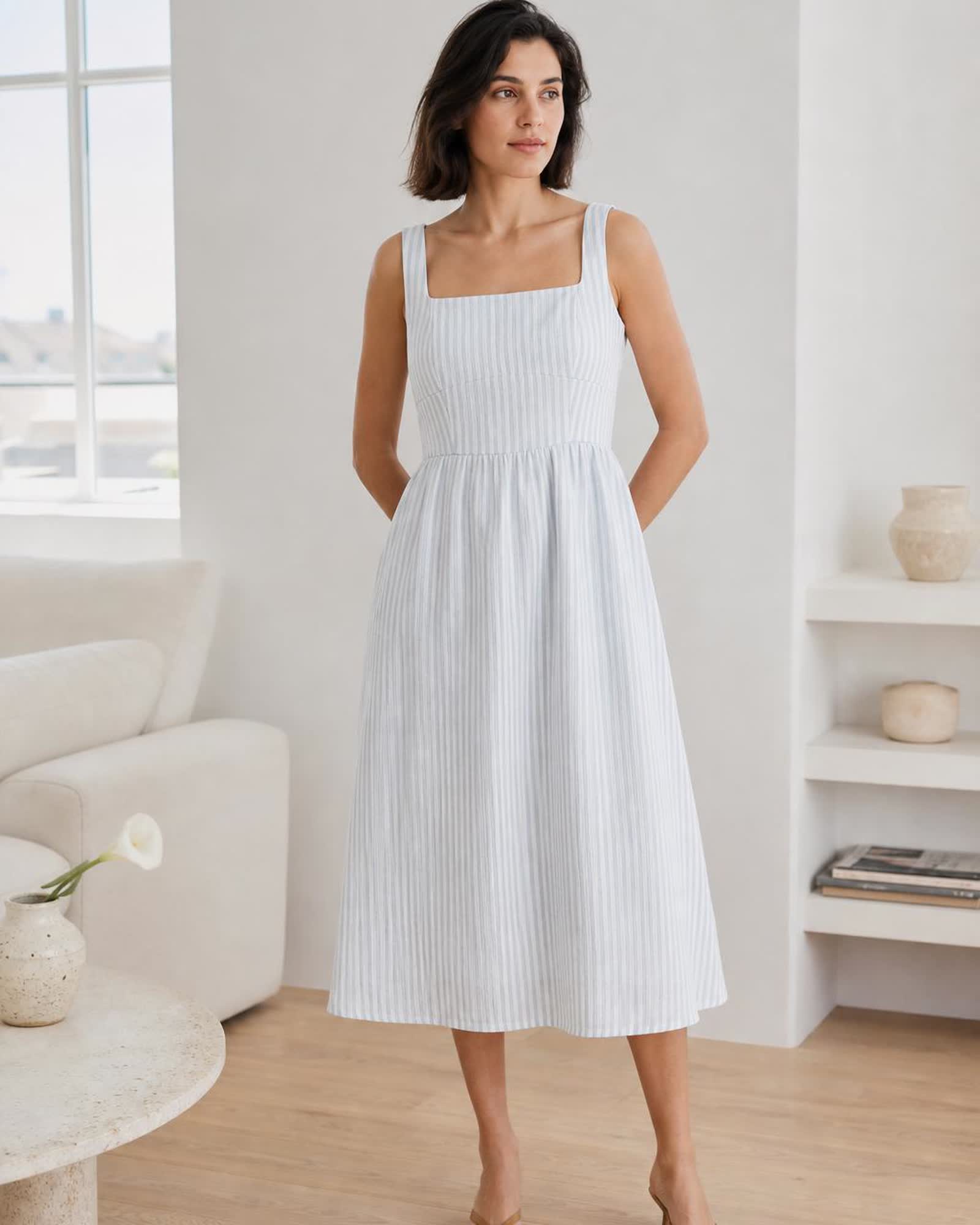 The European Linen Midi Dress in Sky Blue Mariner Stripe