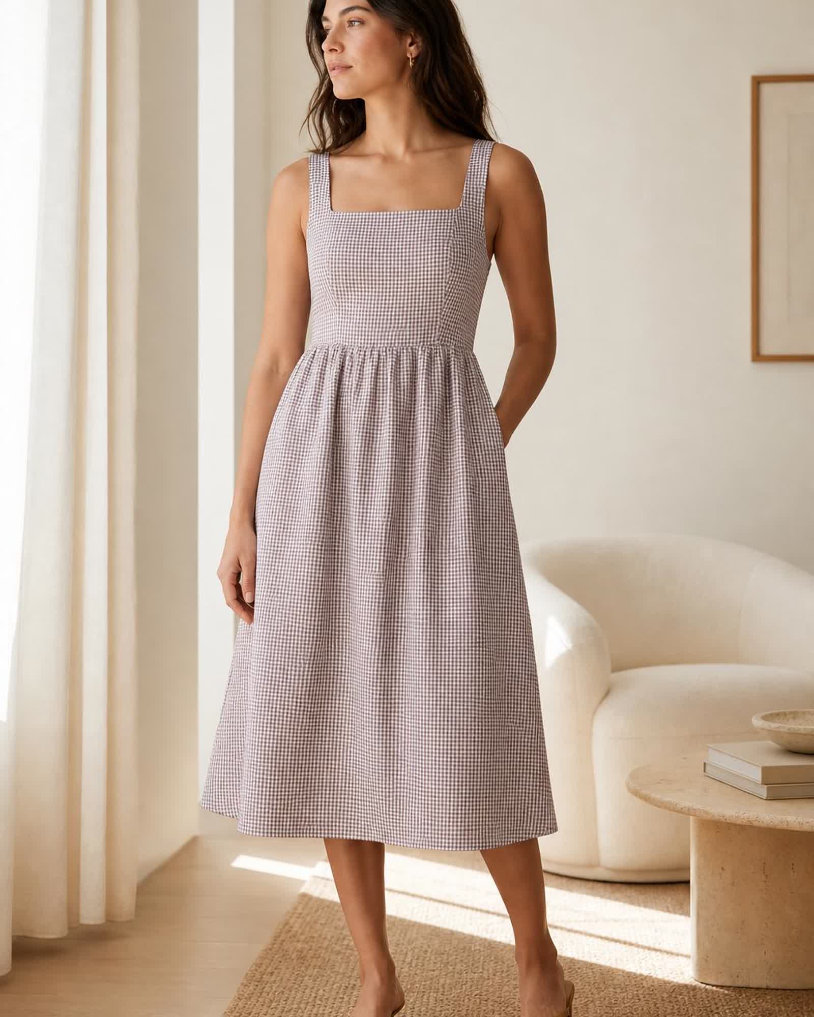 The European Linen Midi Dress in Taupe Brown Gingham