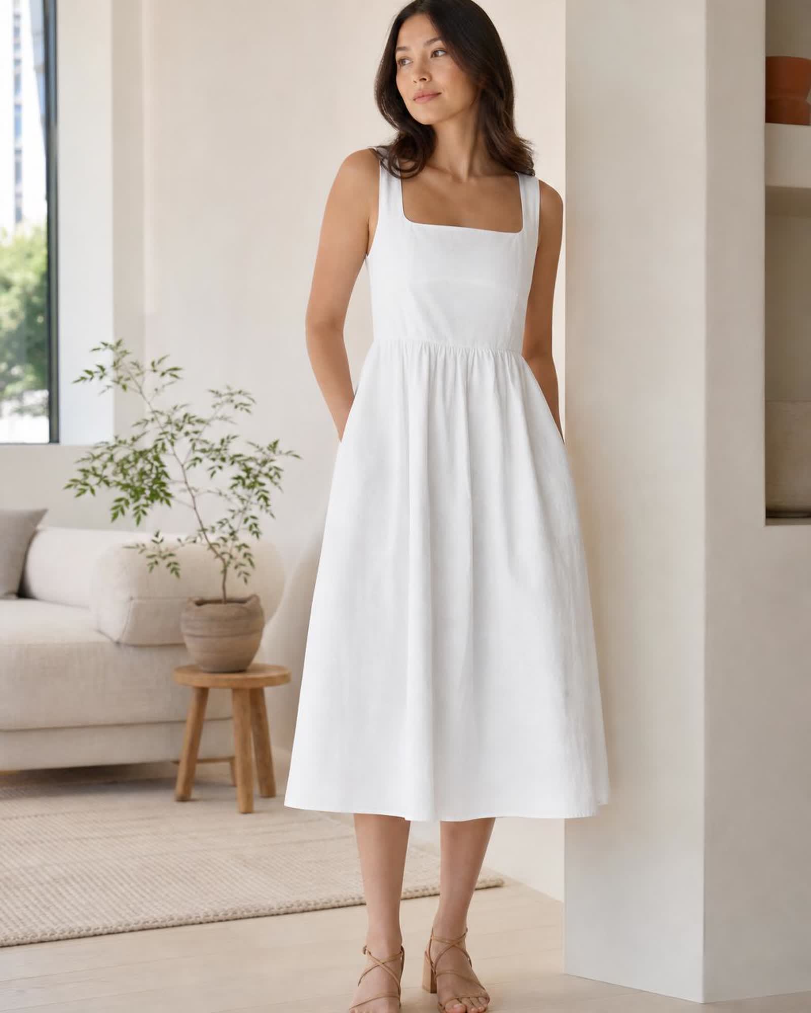 The European Linen Midi Dress in White