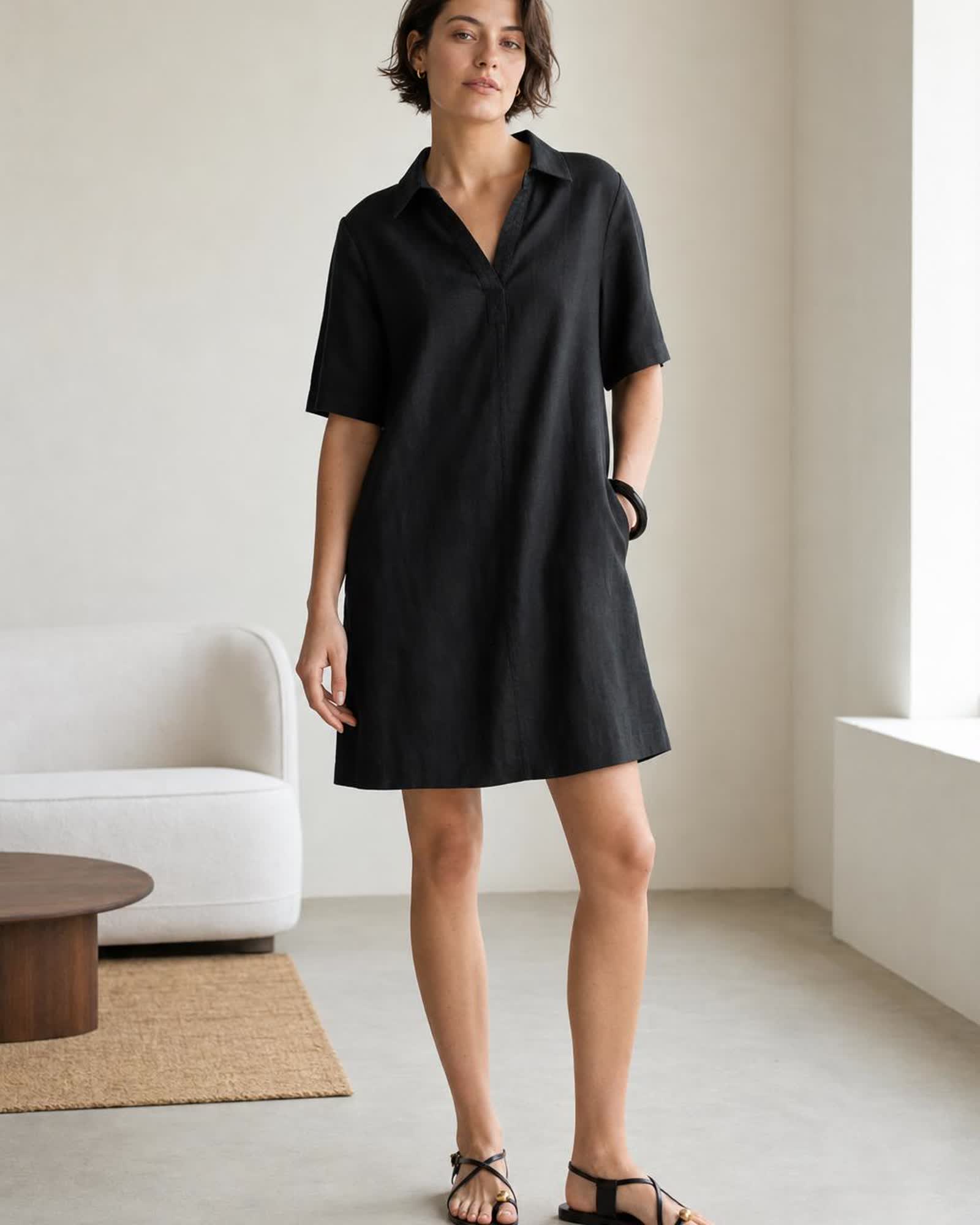 The European Linen Mini Dress in Black