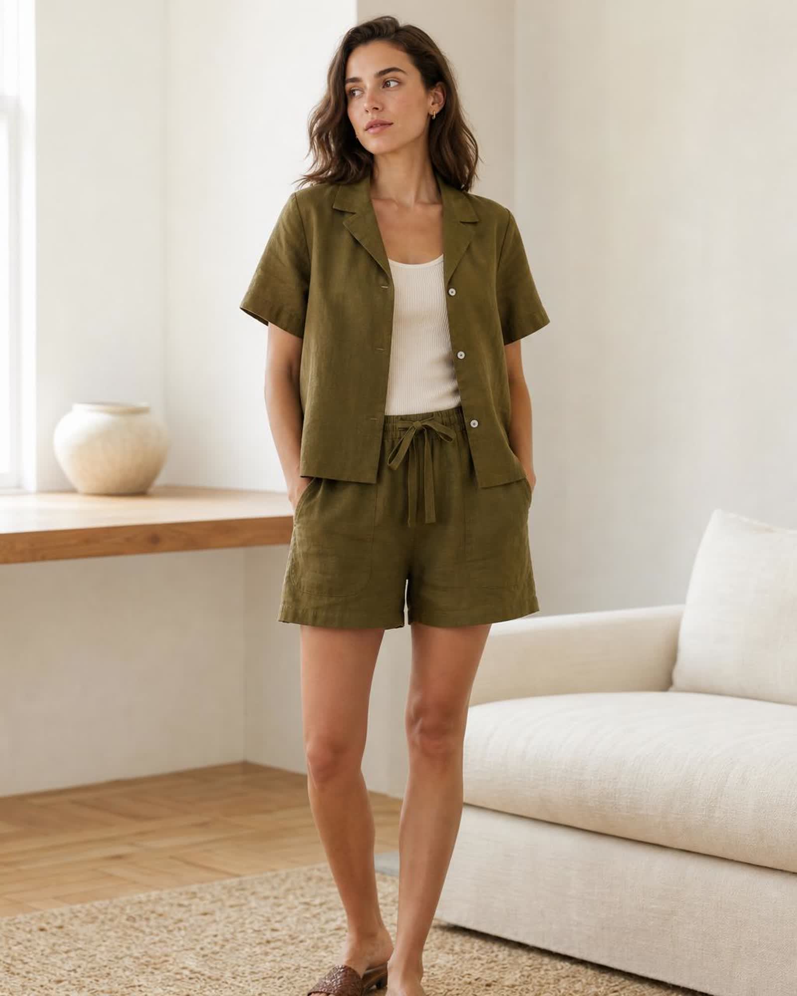 The European Linen Short Sleeve Shirt in Martini Olive