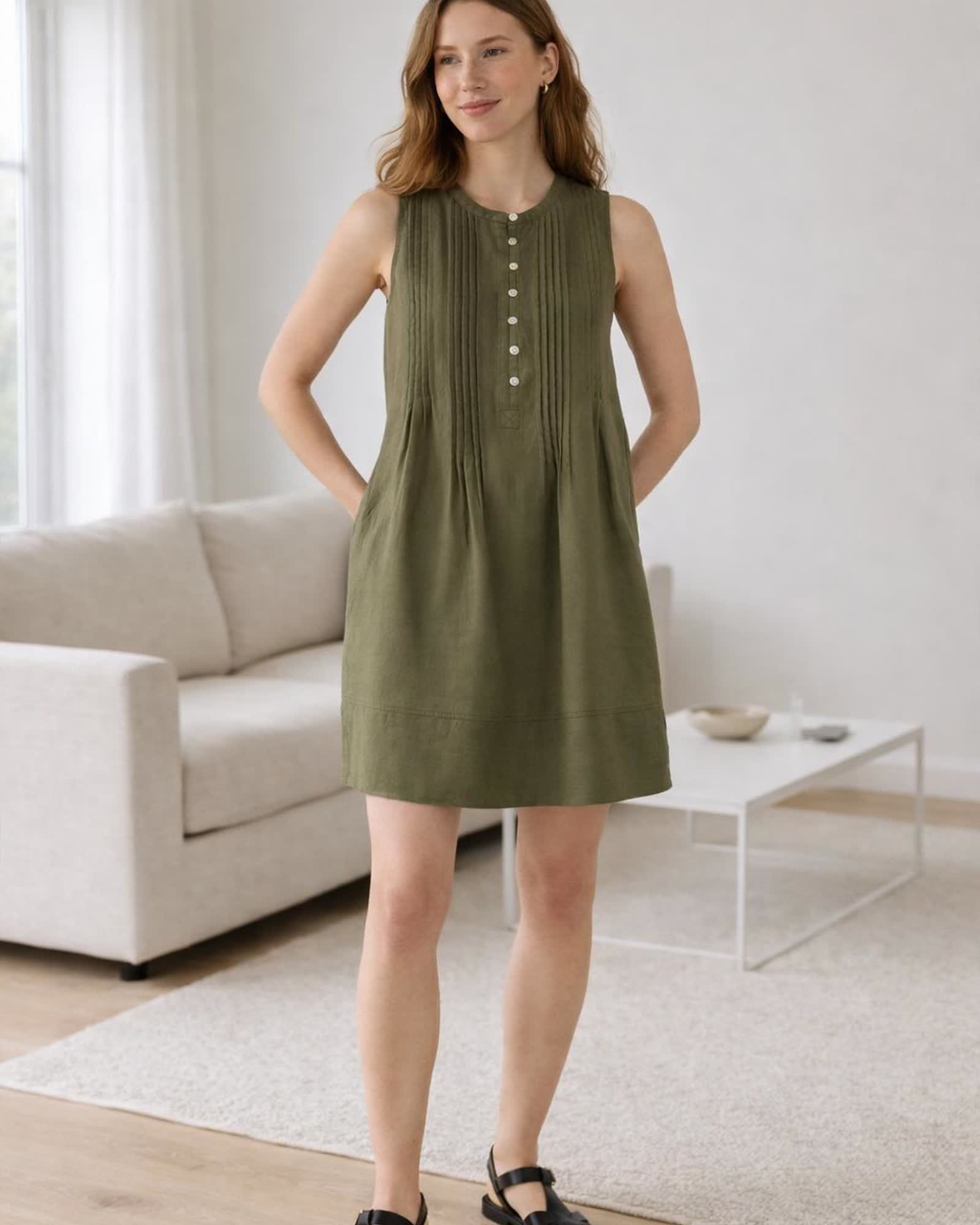 The European Linen Sleeveless Dress in Bayberry Olive