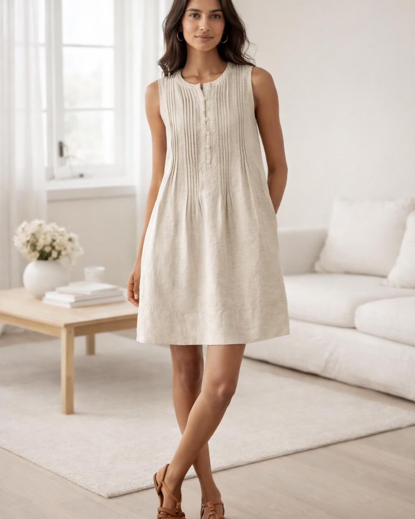 The European Linen Sleeveless Dress in Flax