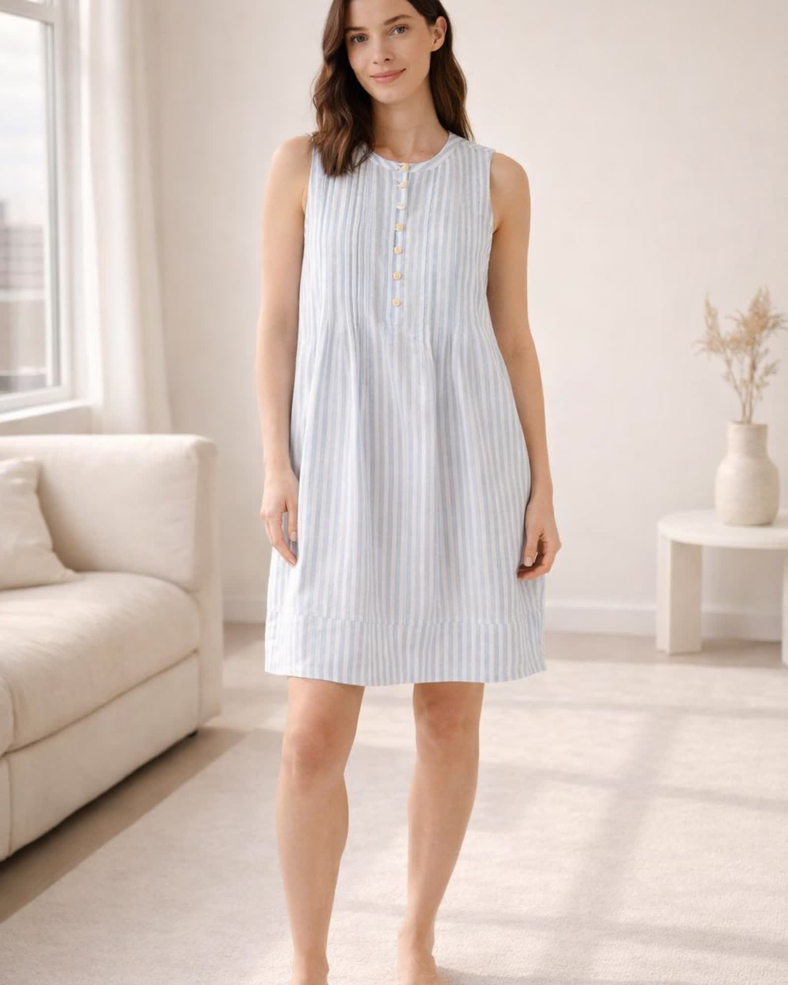 The European Linen Sleeveless Dress in Sky Blue Mariner Stripe