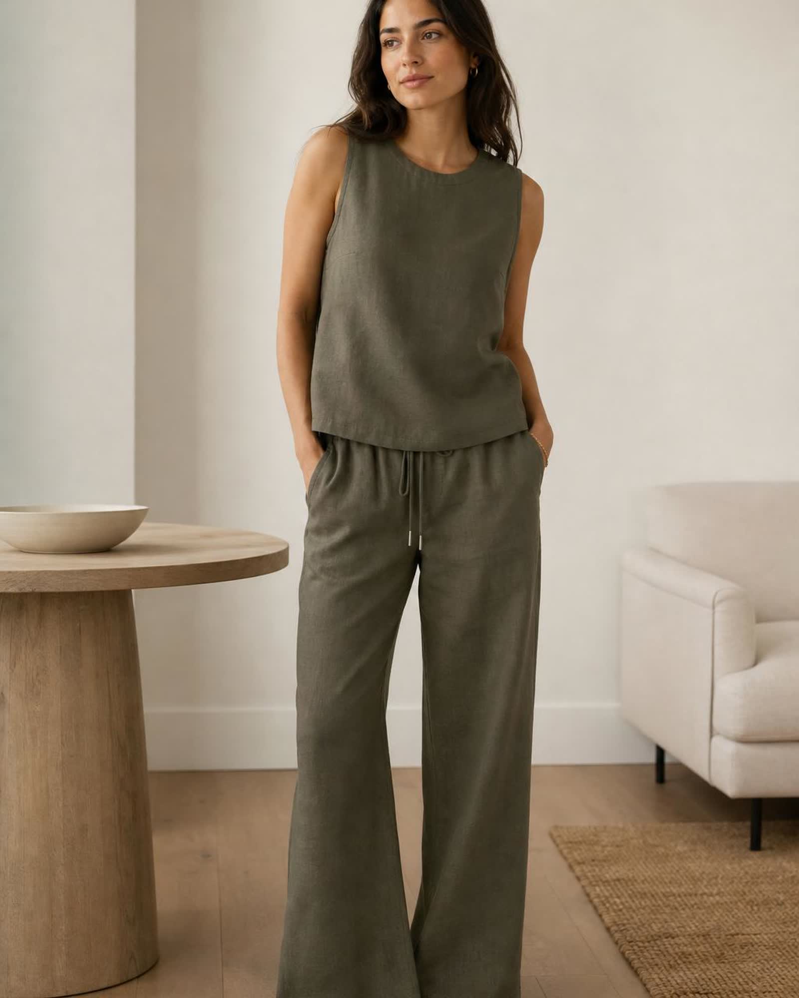 The European Linen Tank in Bayberry Olive