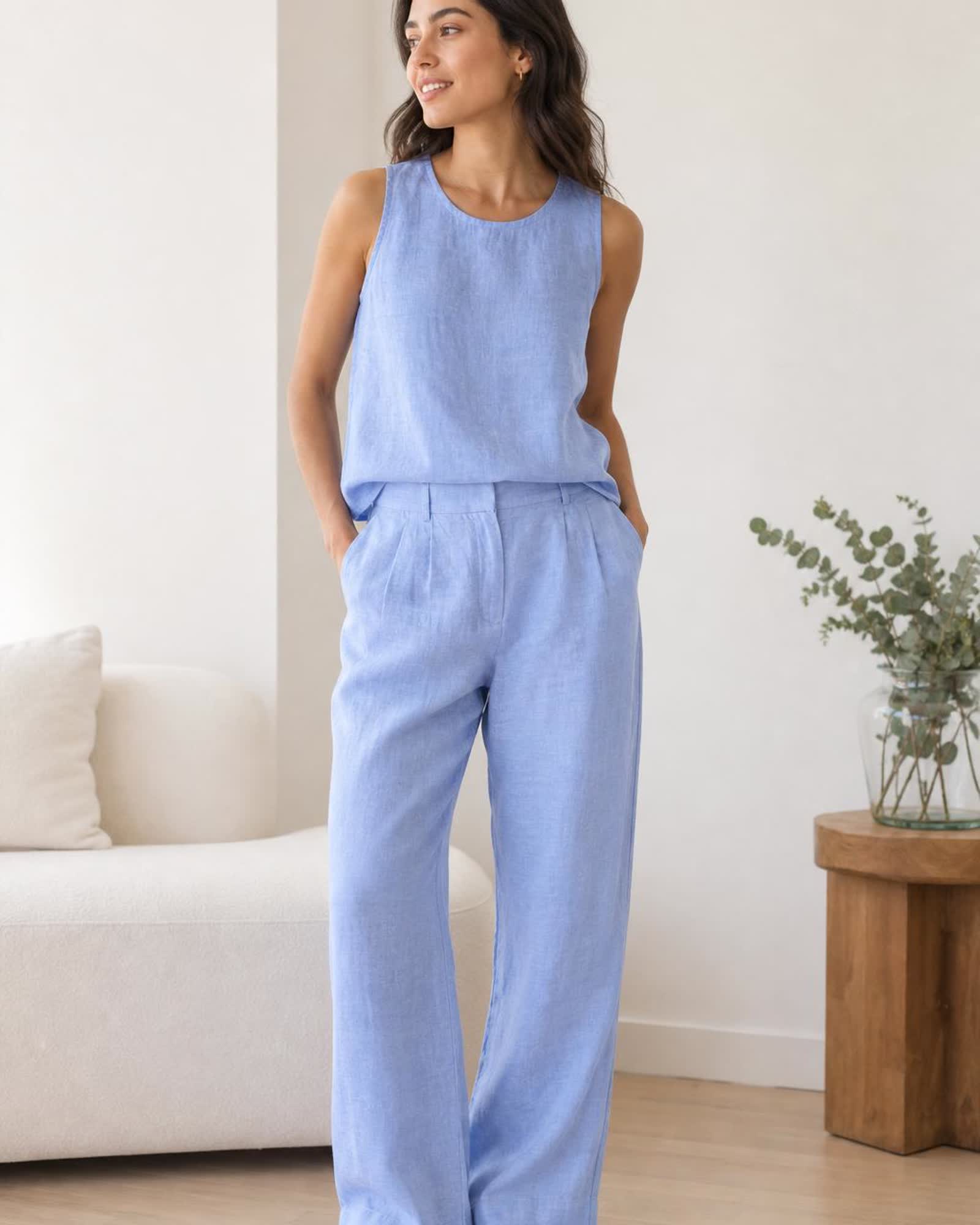 The European Linen Tank in French Blue