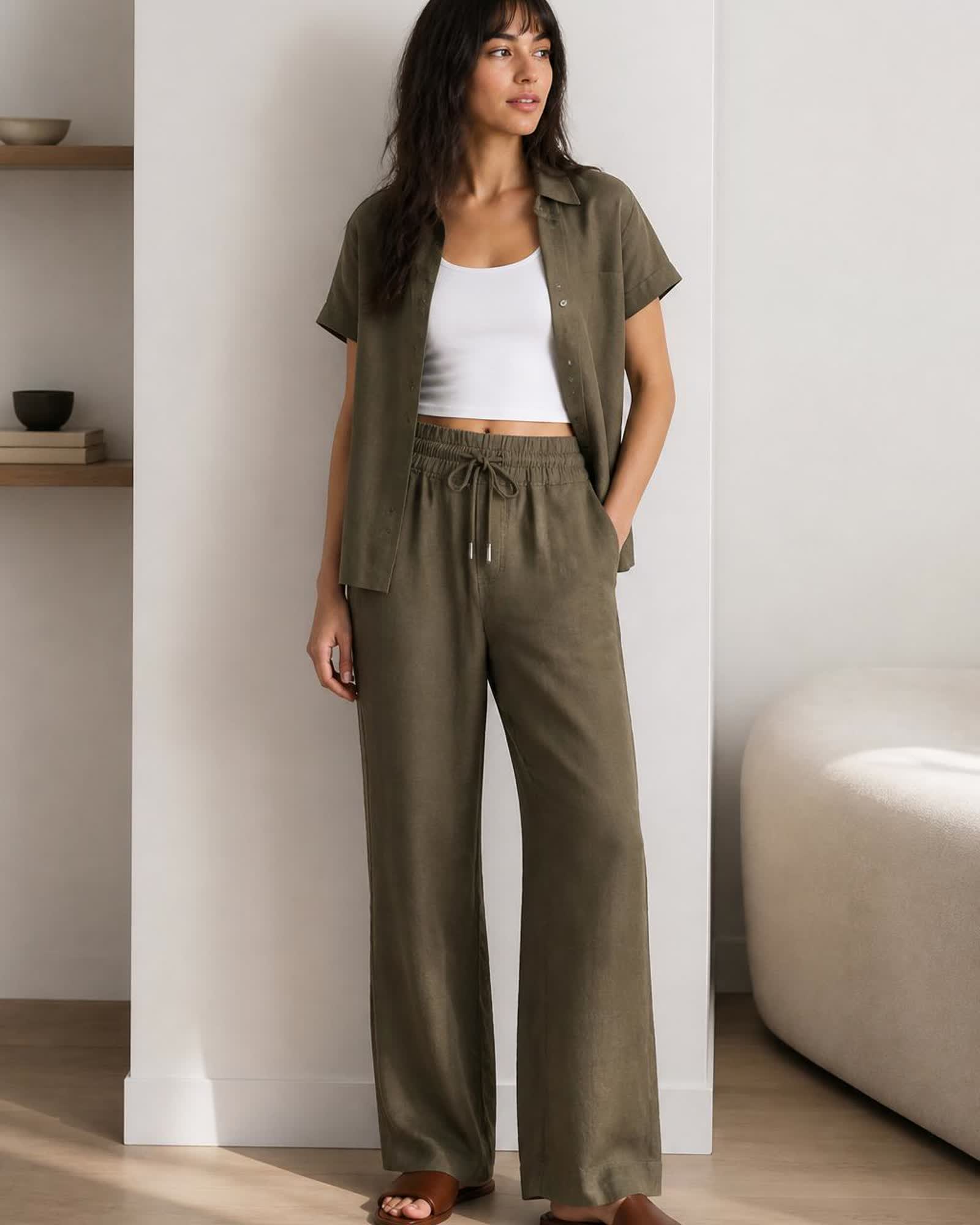 The European Linen Wide Leg Pant in Bayberry Olive