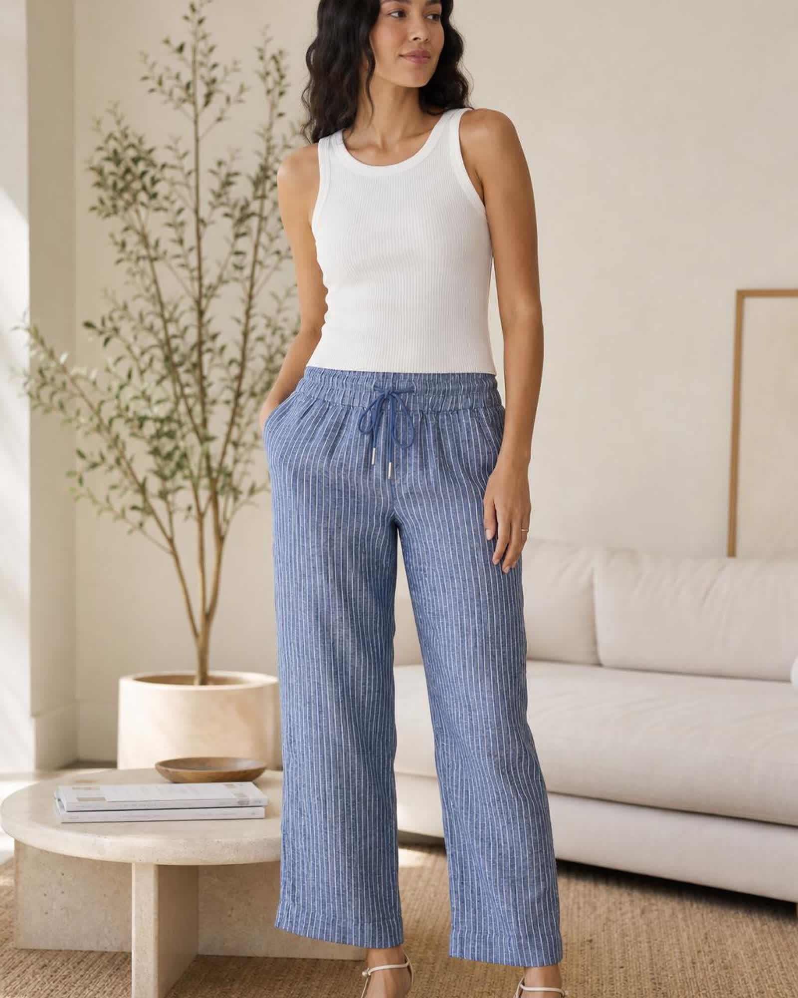 The European Linen Wide Leg Pant in Chambray Stripe