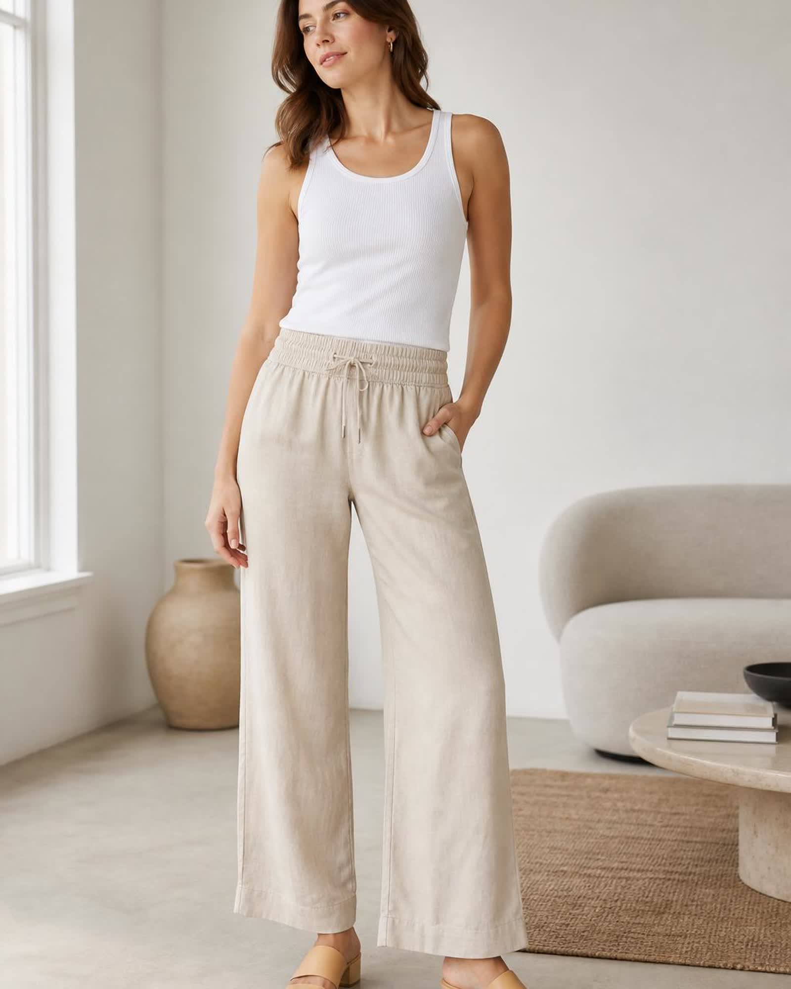 The European Linen Wide Leg Pant in Driftwood
