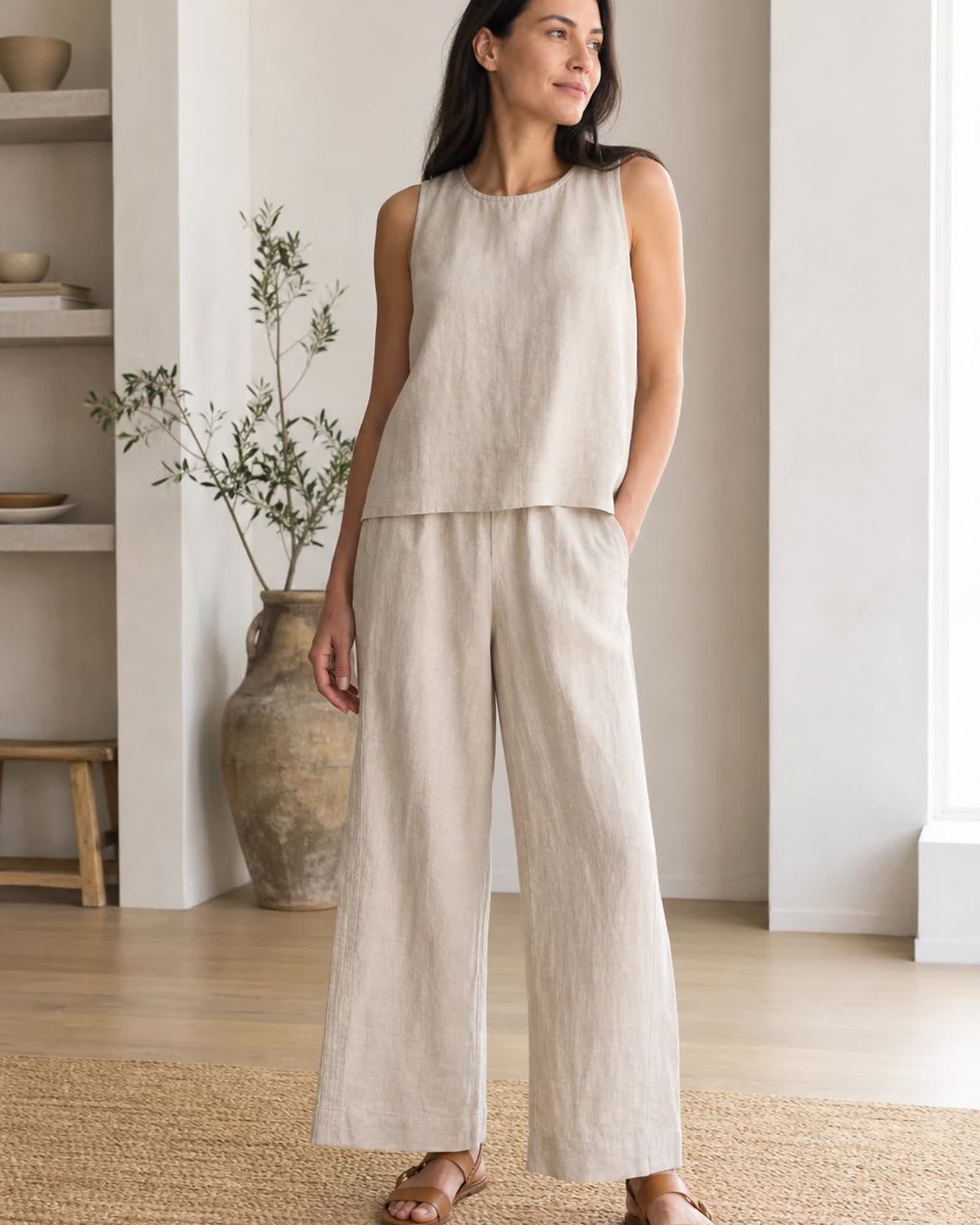 The European Linen Wide Leg Pant in Flax