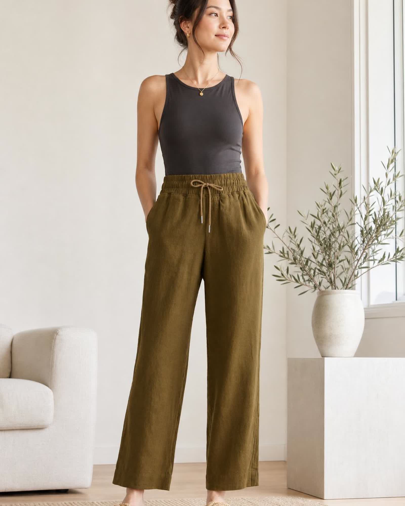 The European Linen Wide Leg Pant in Martini Olive