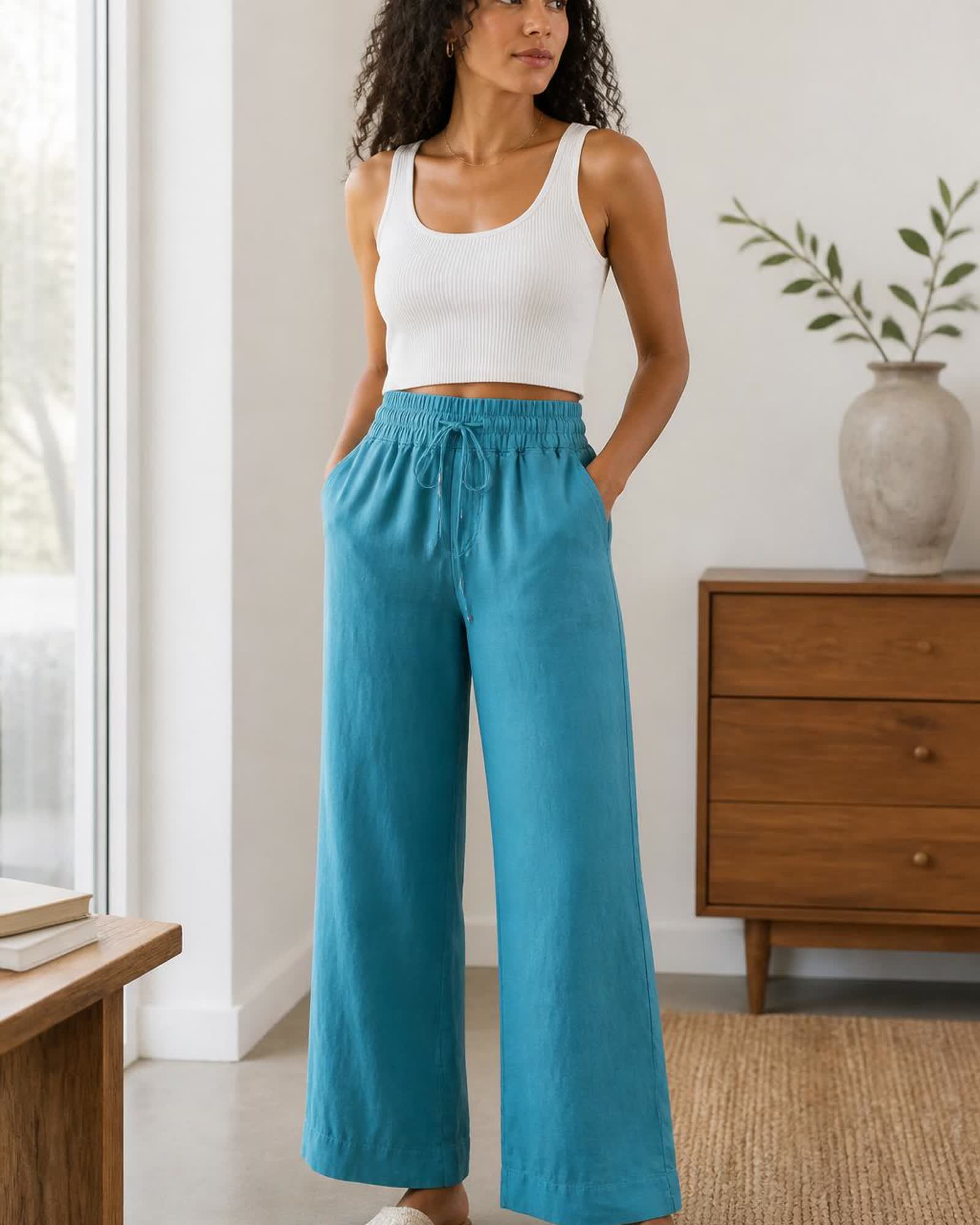 The European Linen Wide Leg Pant in Mineral Blue