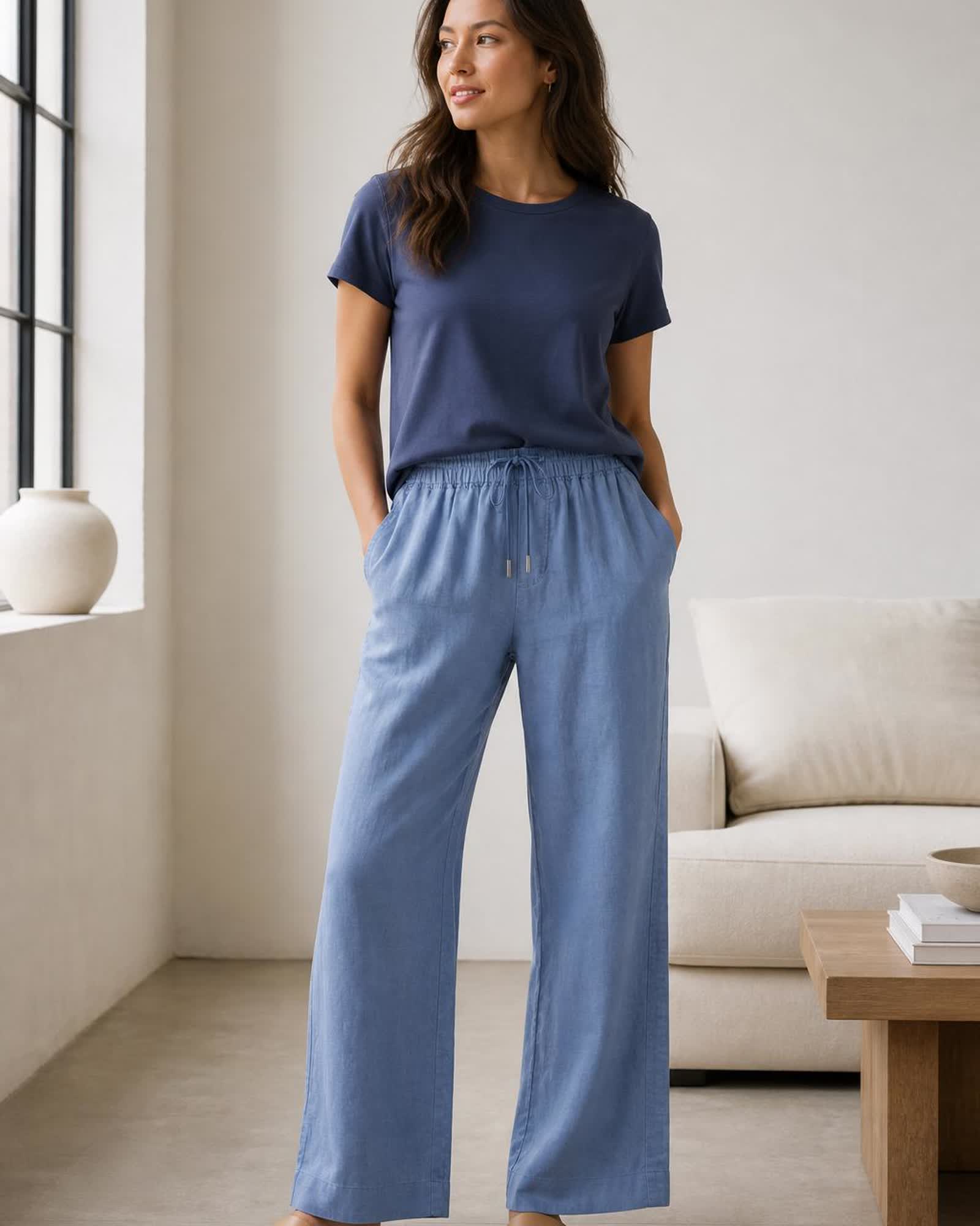 The European Linen Wide Leg Pant in Moonstone Blue