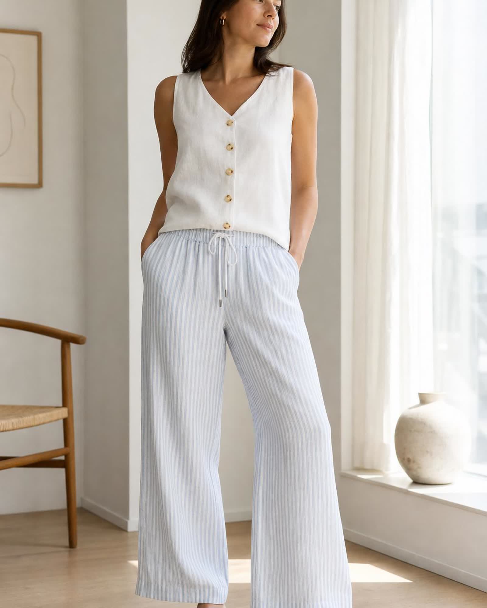 The European Linen Wide Leg Pant in Sky Blue Mariner Stripe