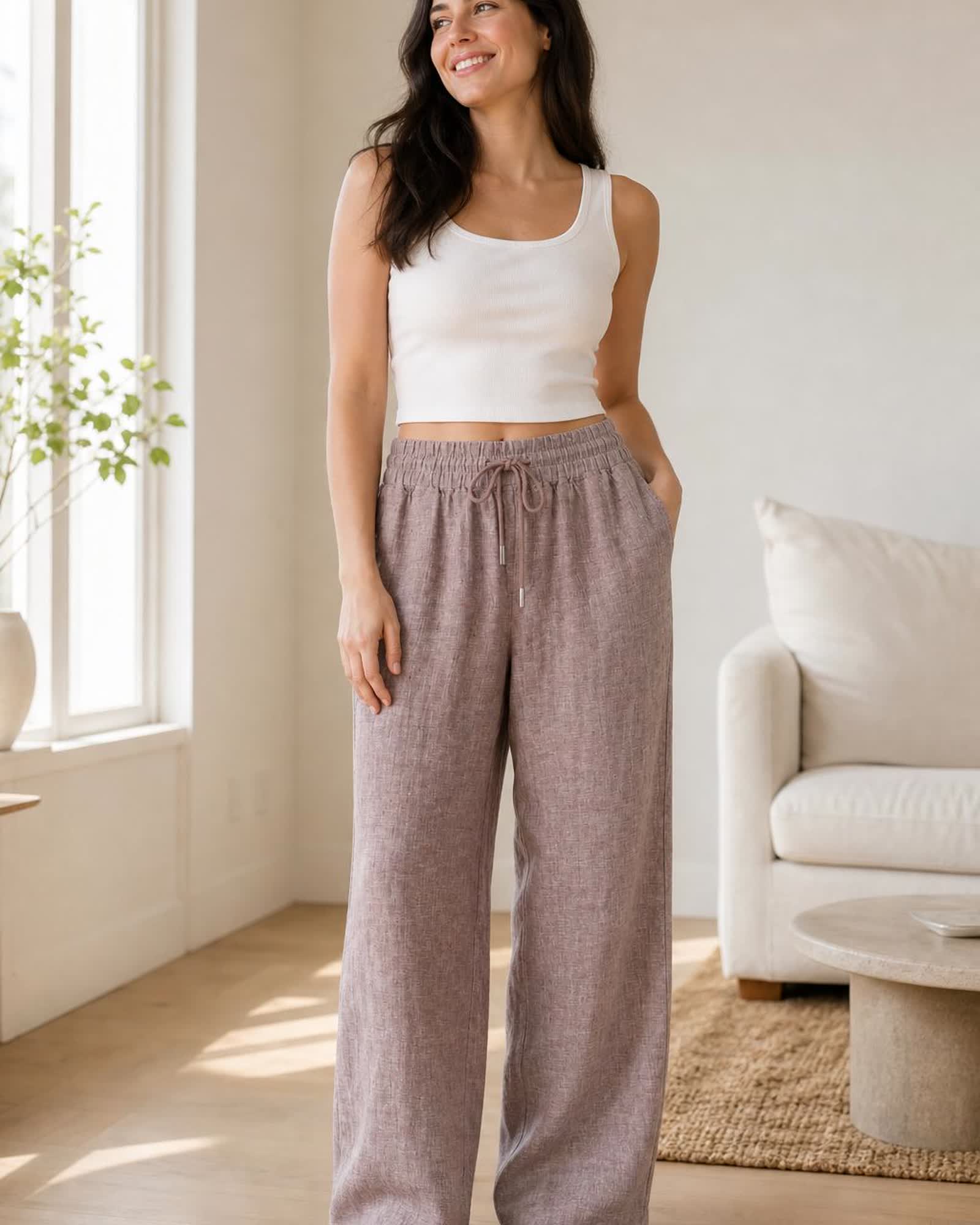 The European Linen Wide Leg Pant in Taupe Brown Chambray