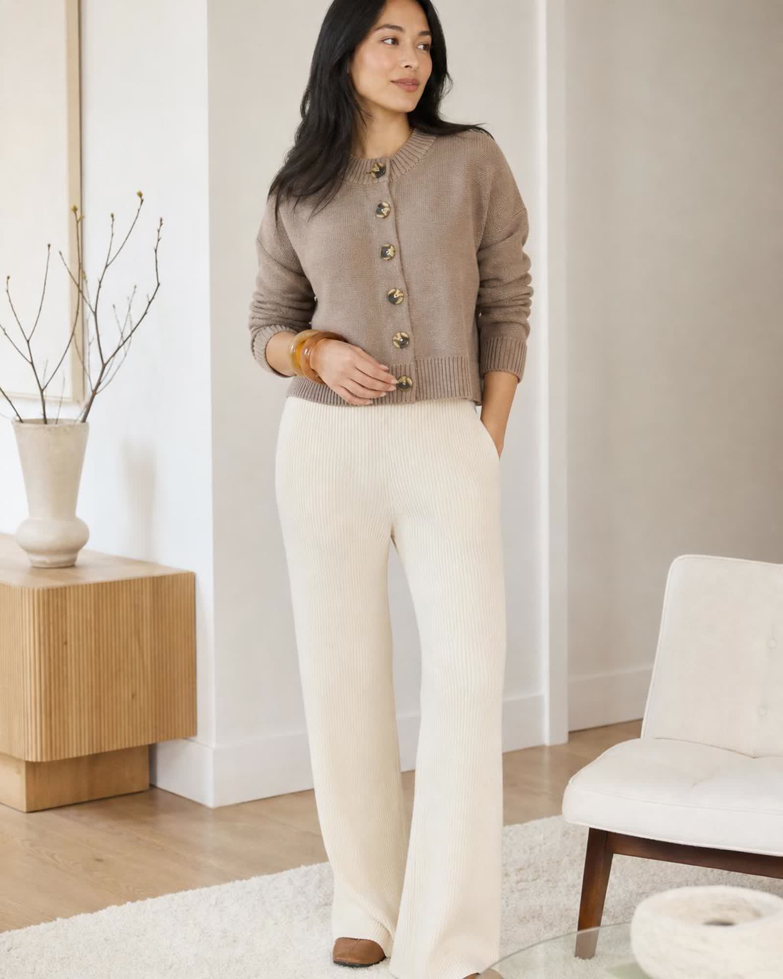 The Organic Cotton Cropped Cardigan in Cafe au Lait