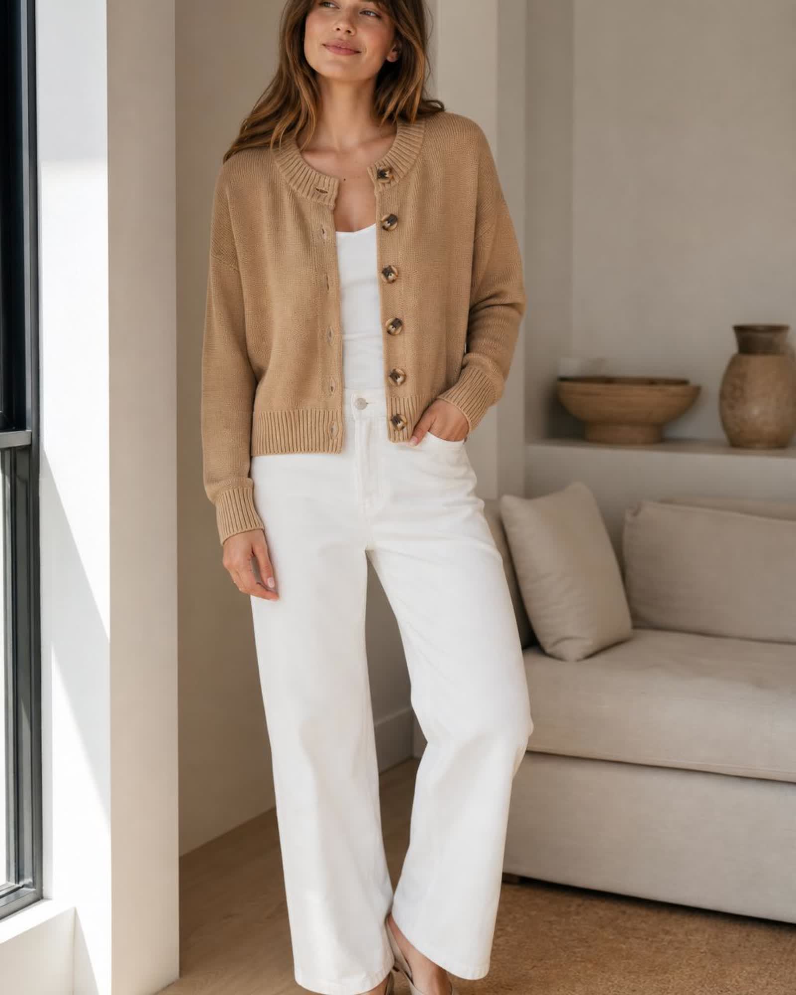 The Organic Cotton Cropped Cardigan in Camel