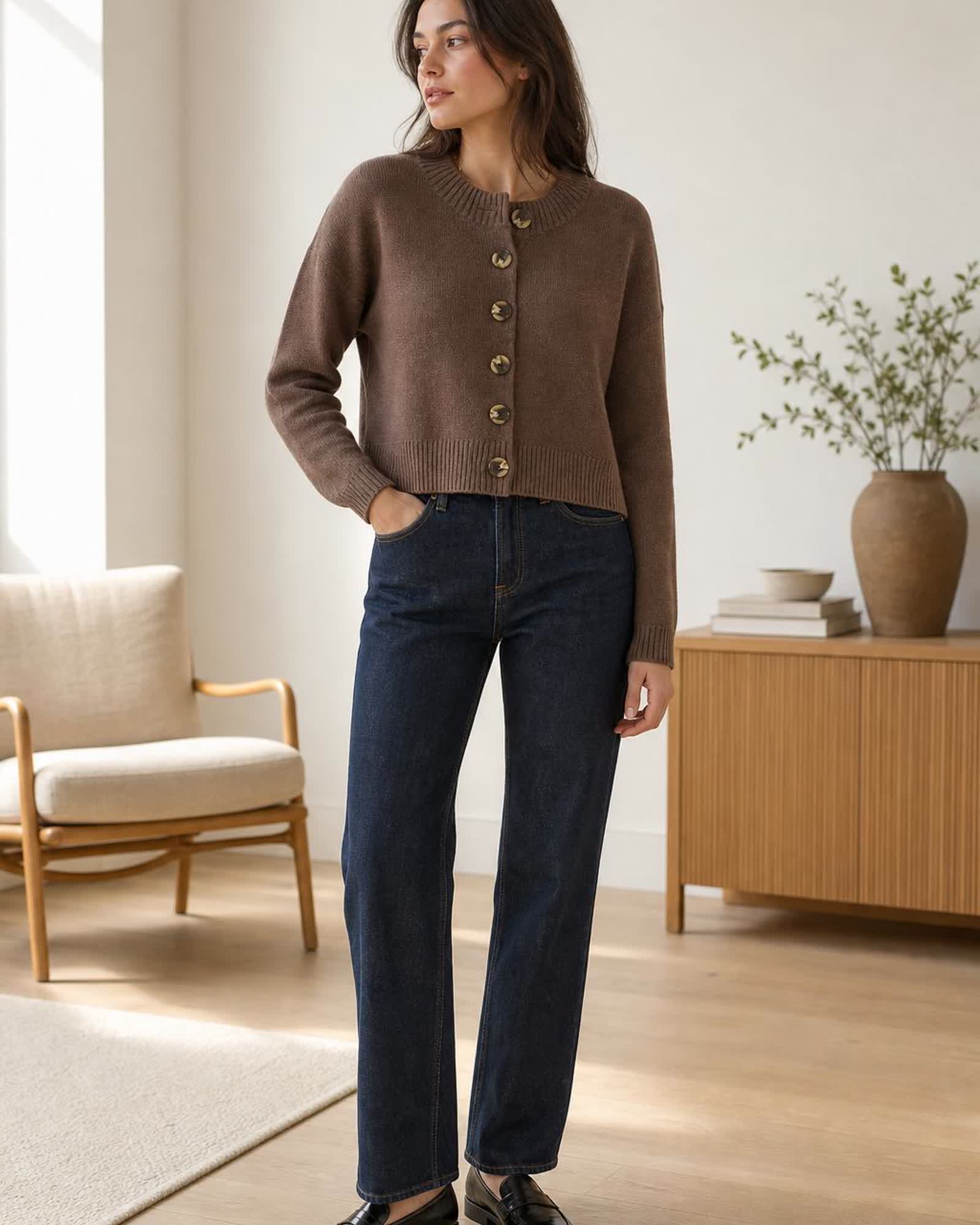 The Organic Cotton Cropped Cardigan in Heather Brown