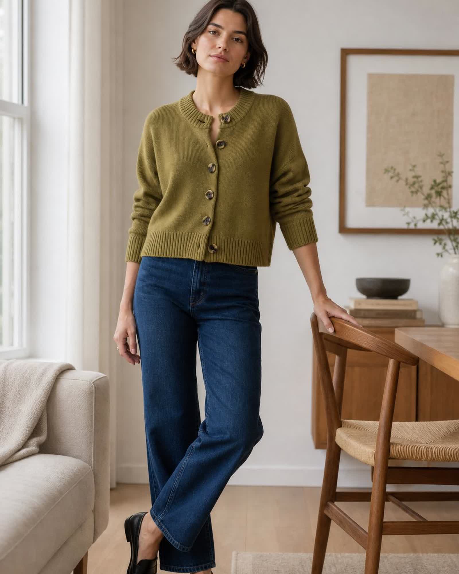 The Organic Cotton Cropped Cardigan in Herb Green
