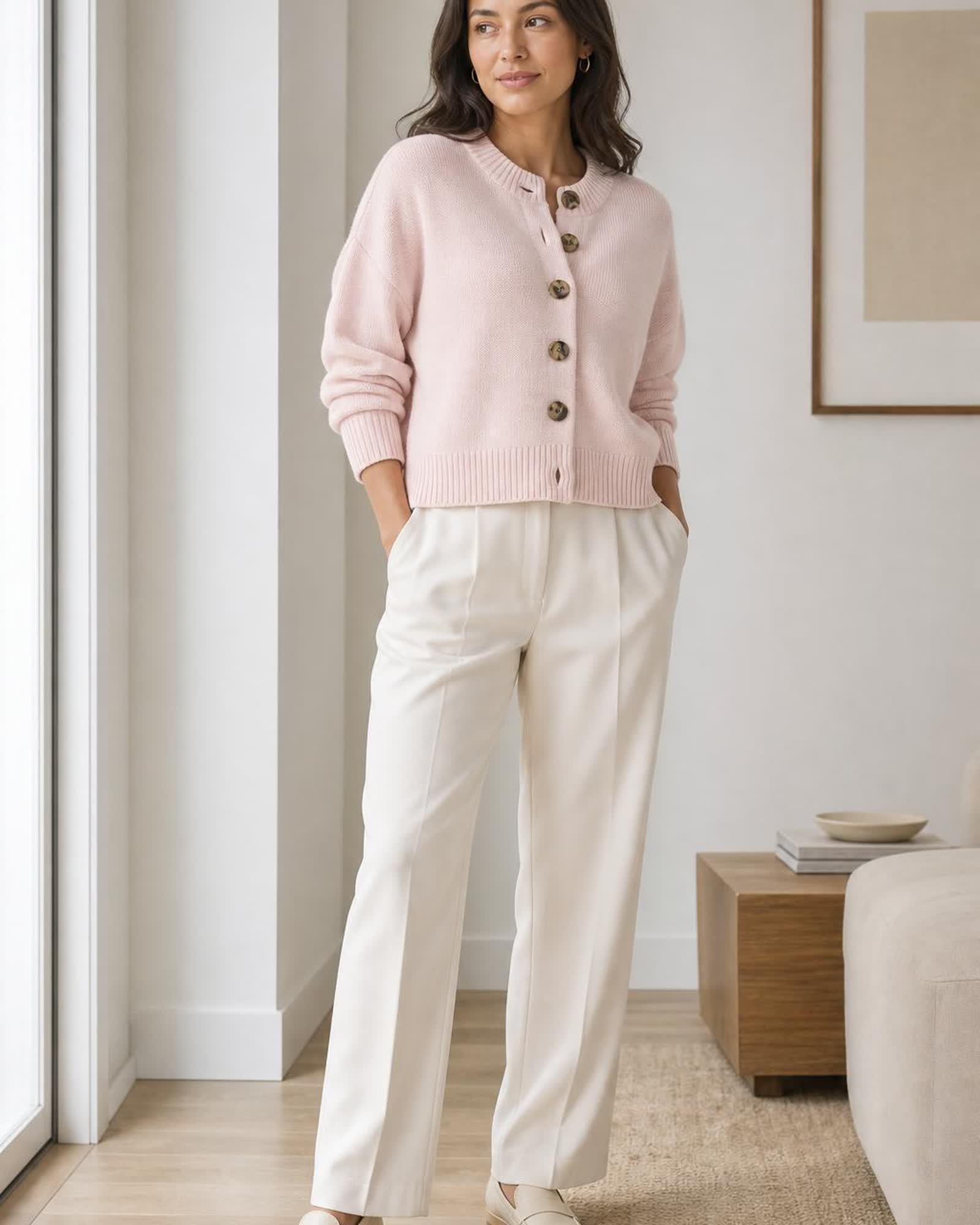 The Organic Cotton Cropped Cardigan in Shell Pink