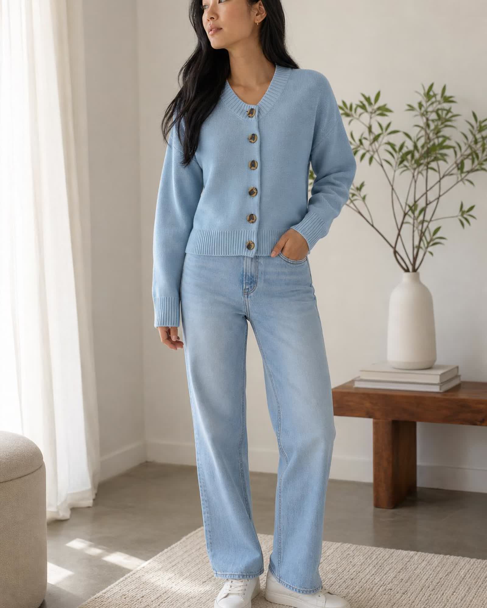 The Organic Cotton Cropped Cardigan in Sky Blue